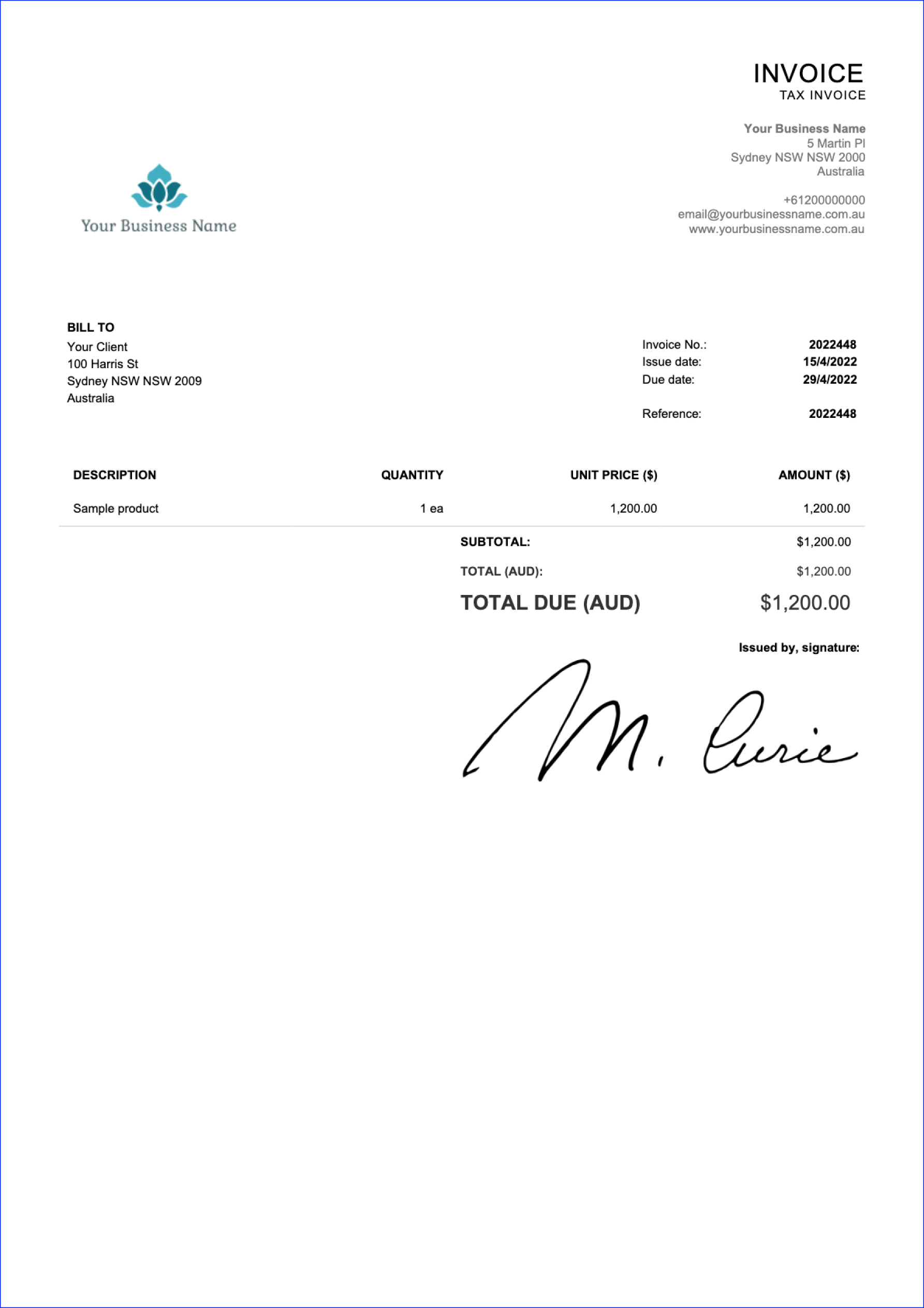 invoice layout for Australia