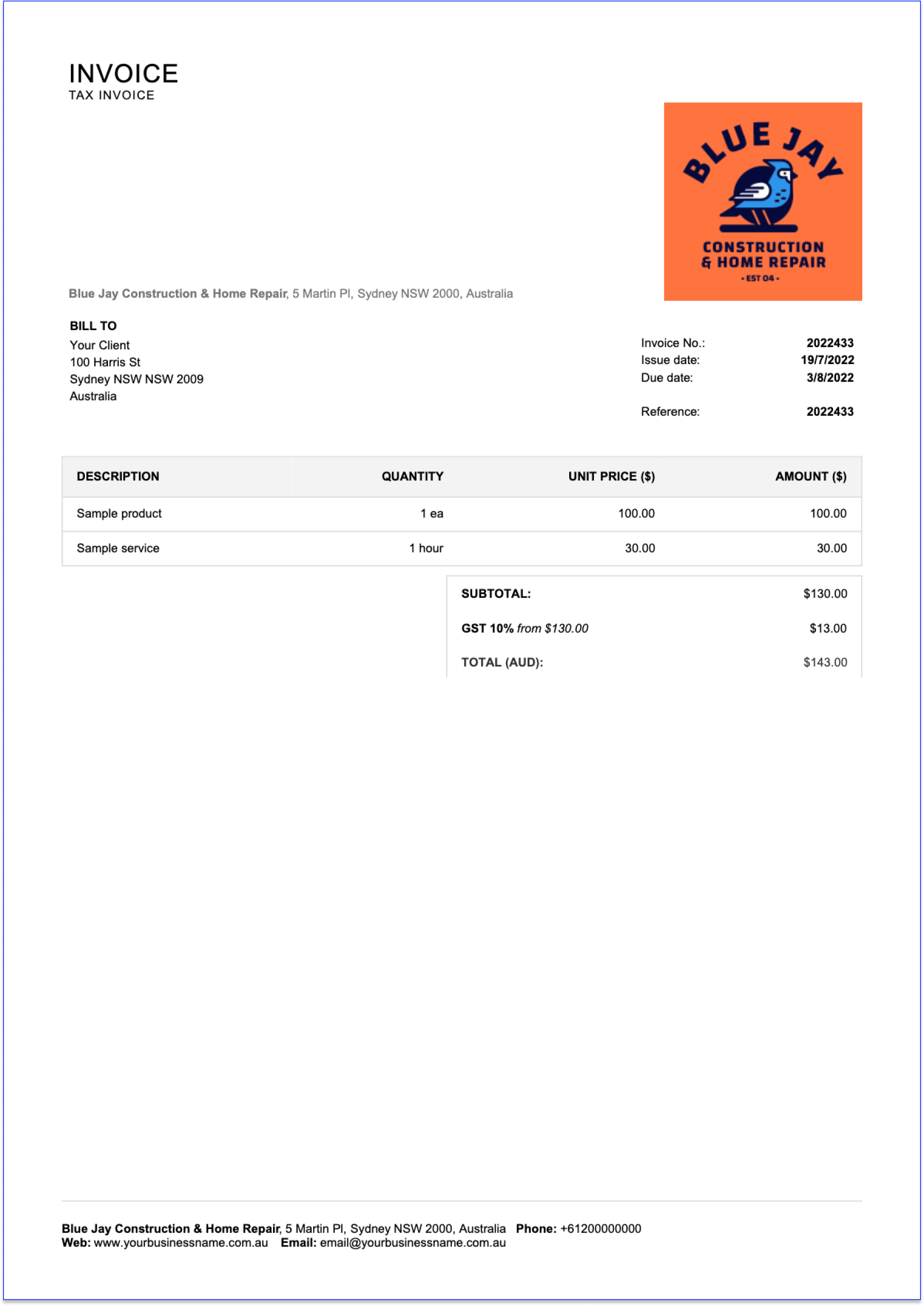 invoice sample for Australia