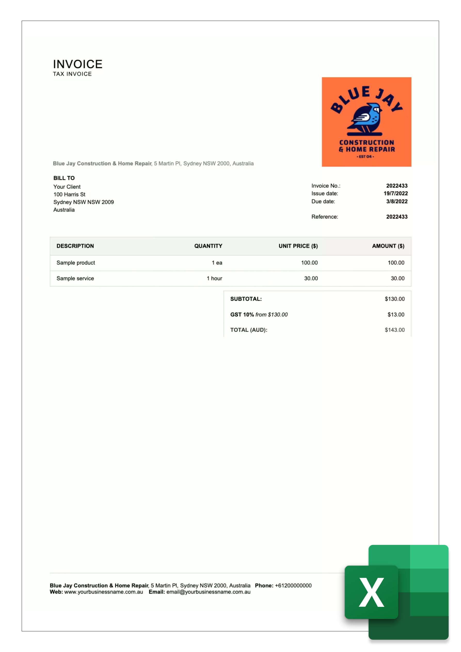 excel invoice template example for australia