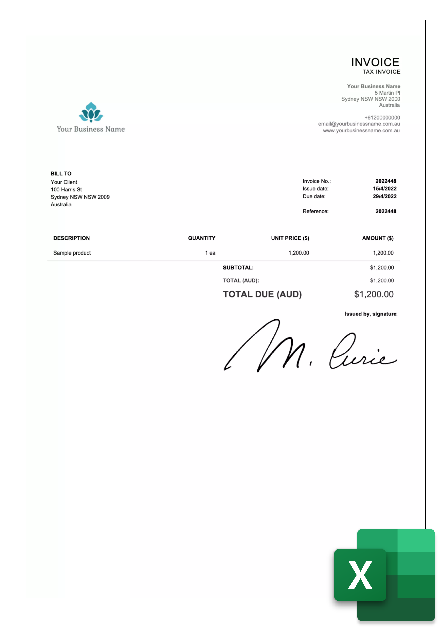 free invoice template in excel for australia