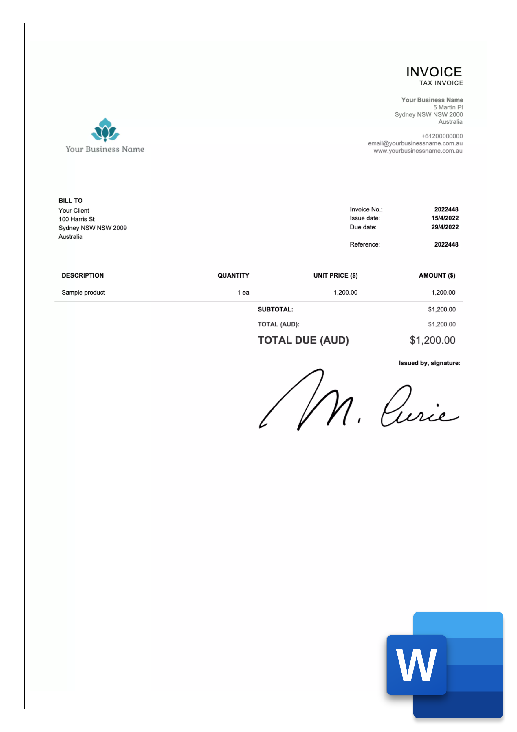 free invoice template in word for australia