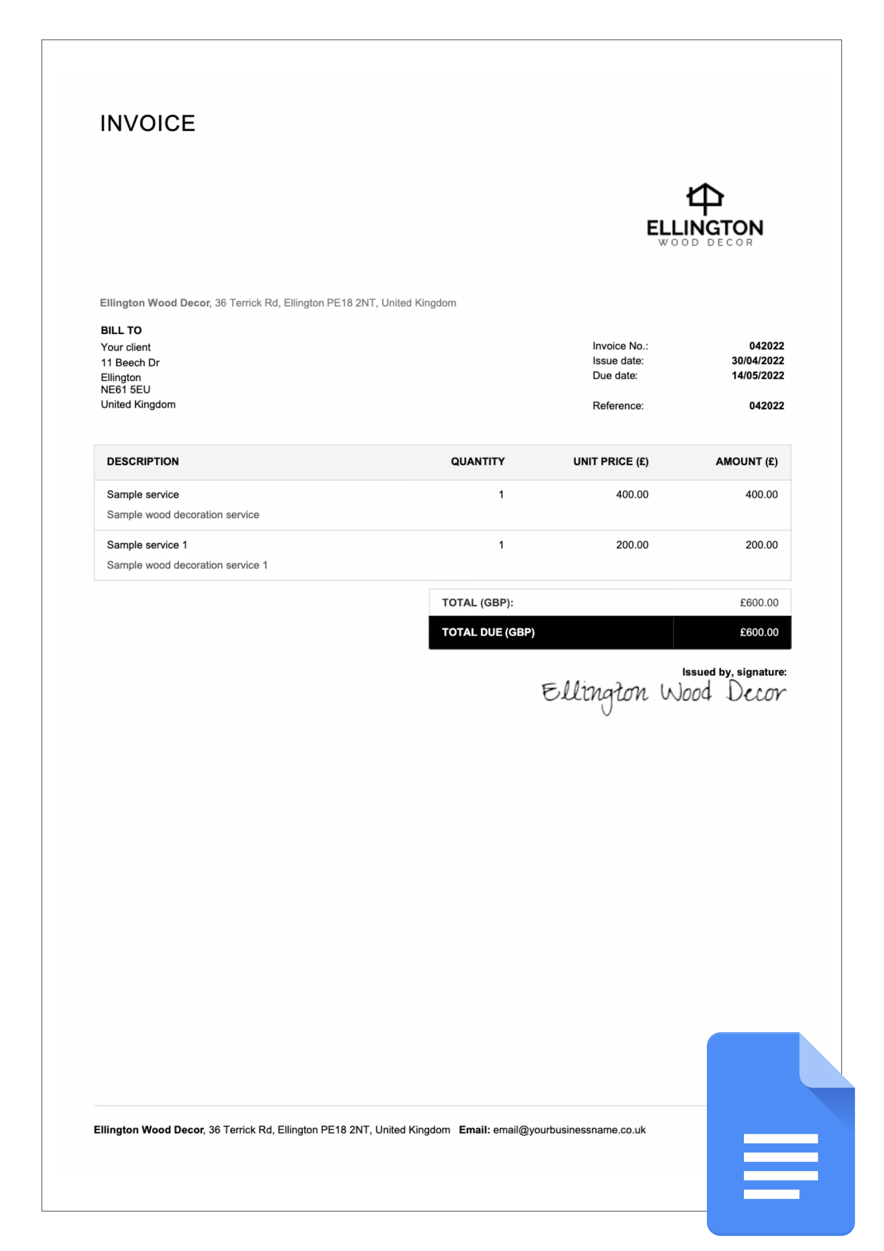 google docs invoice template example for uk
