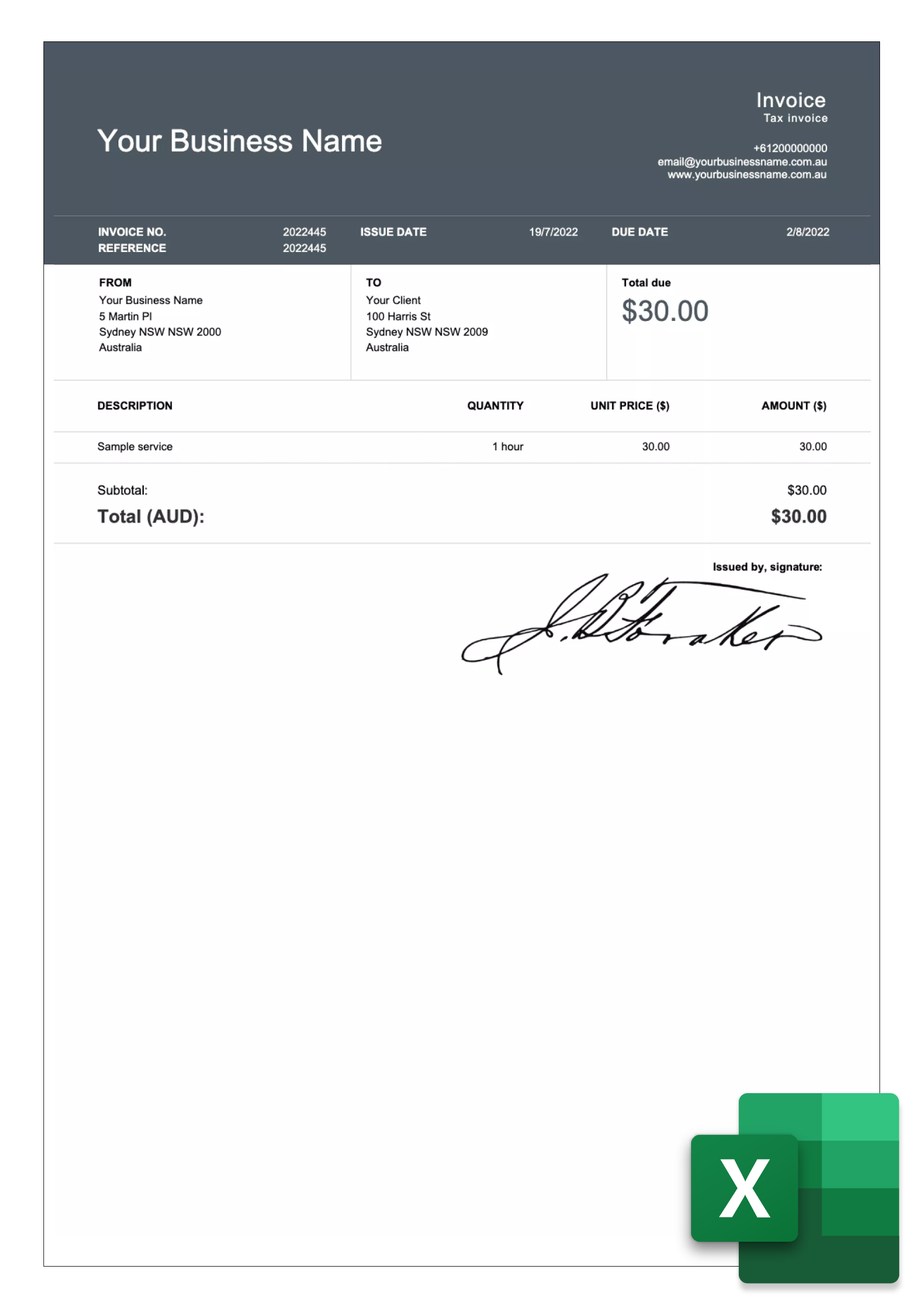 invoice layout australia in excel