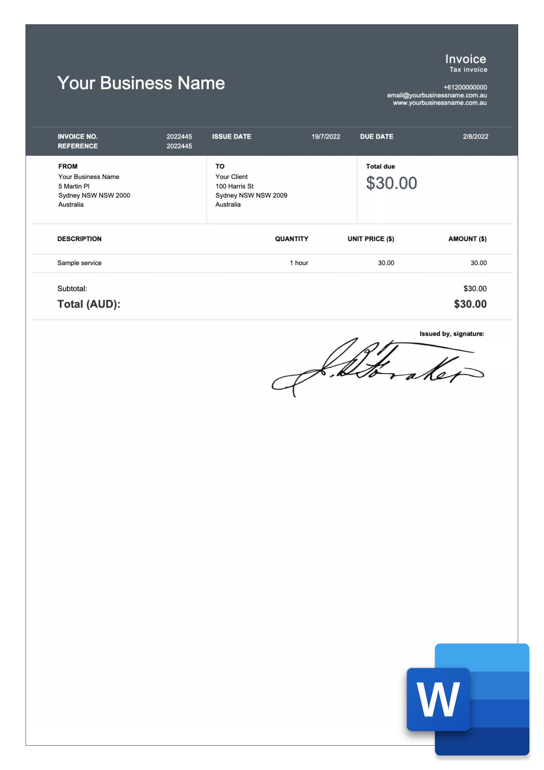 invoice layout australia in word