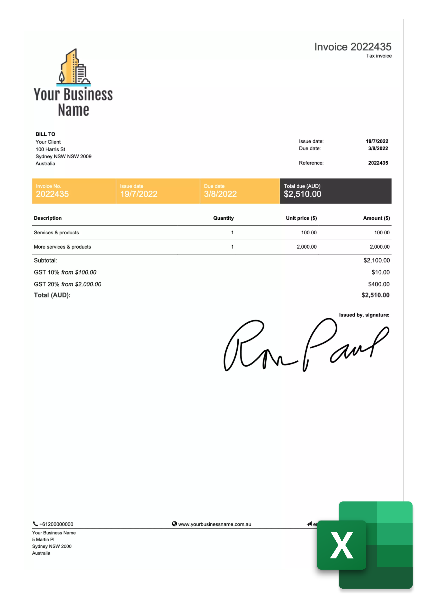 invoice sample for australia in excel