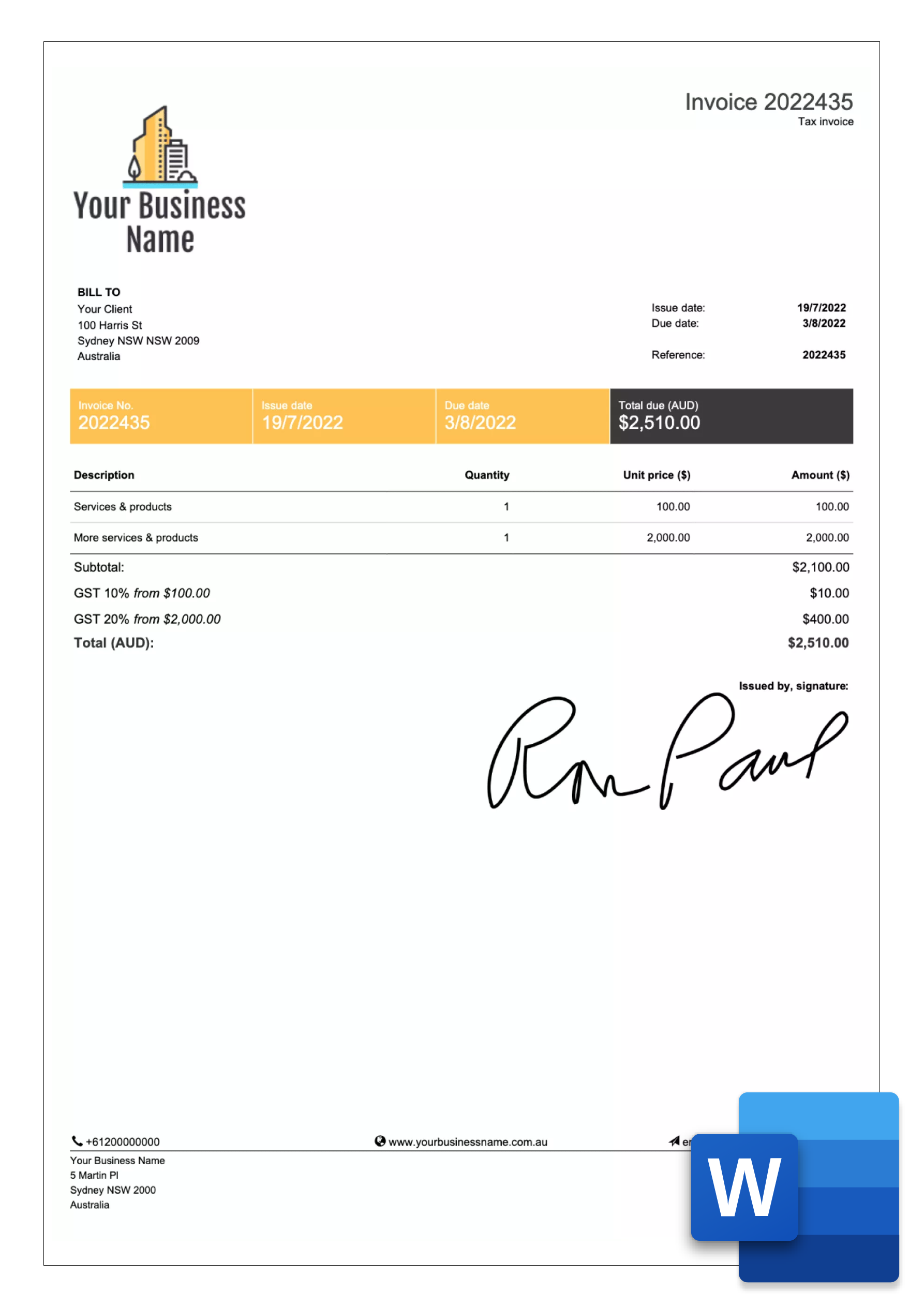 invoice sample for australia in word