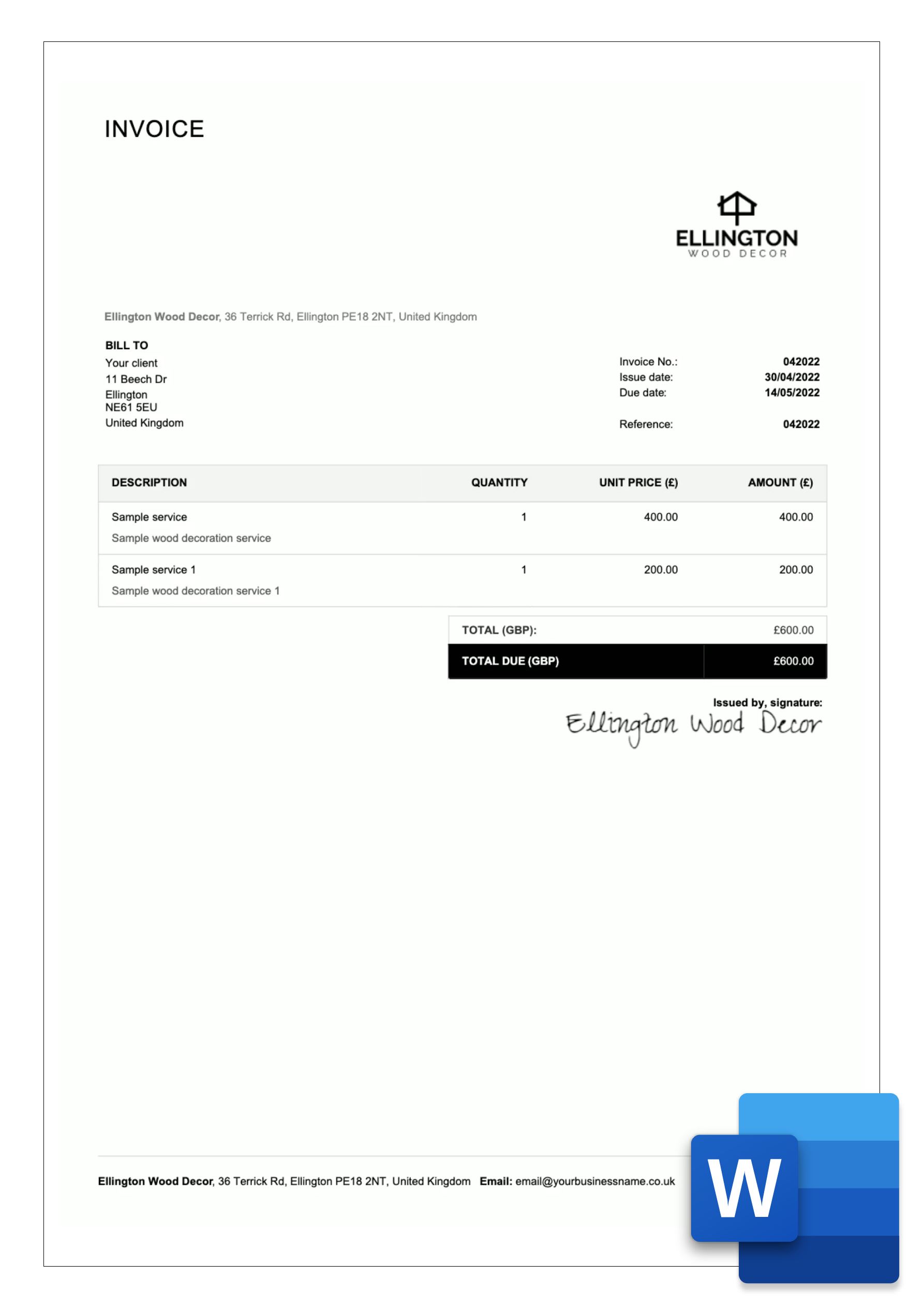 word invoice template example for uk