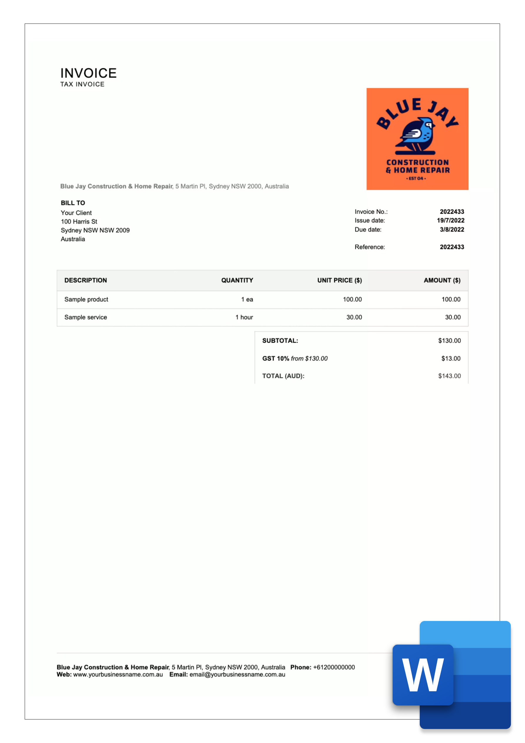 word invoice template example in australia