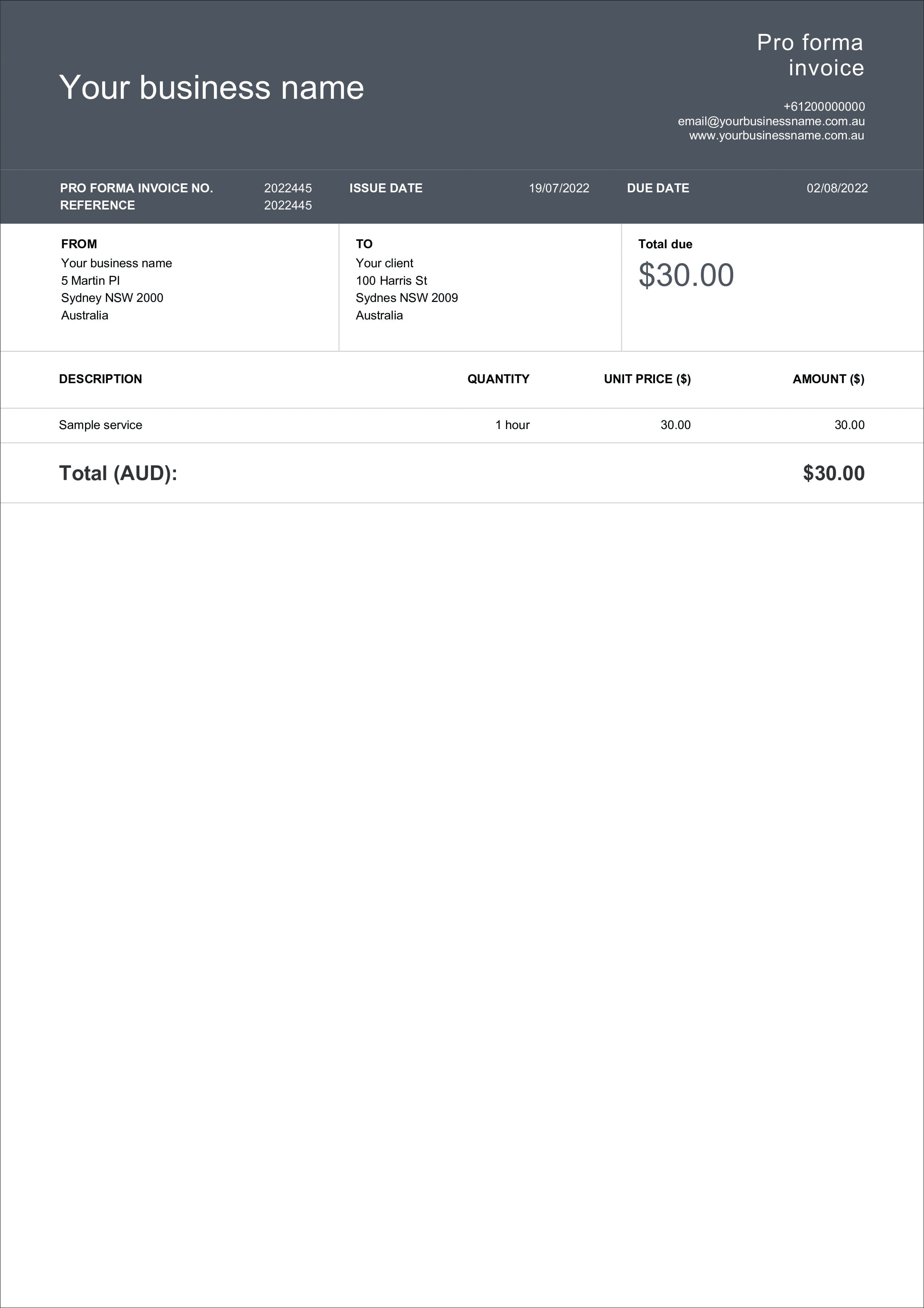 pro forma invoice template sample