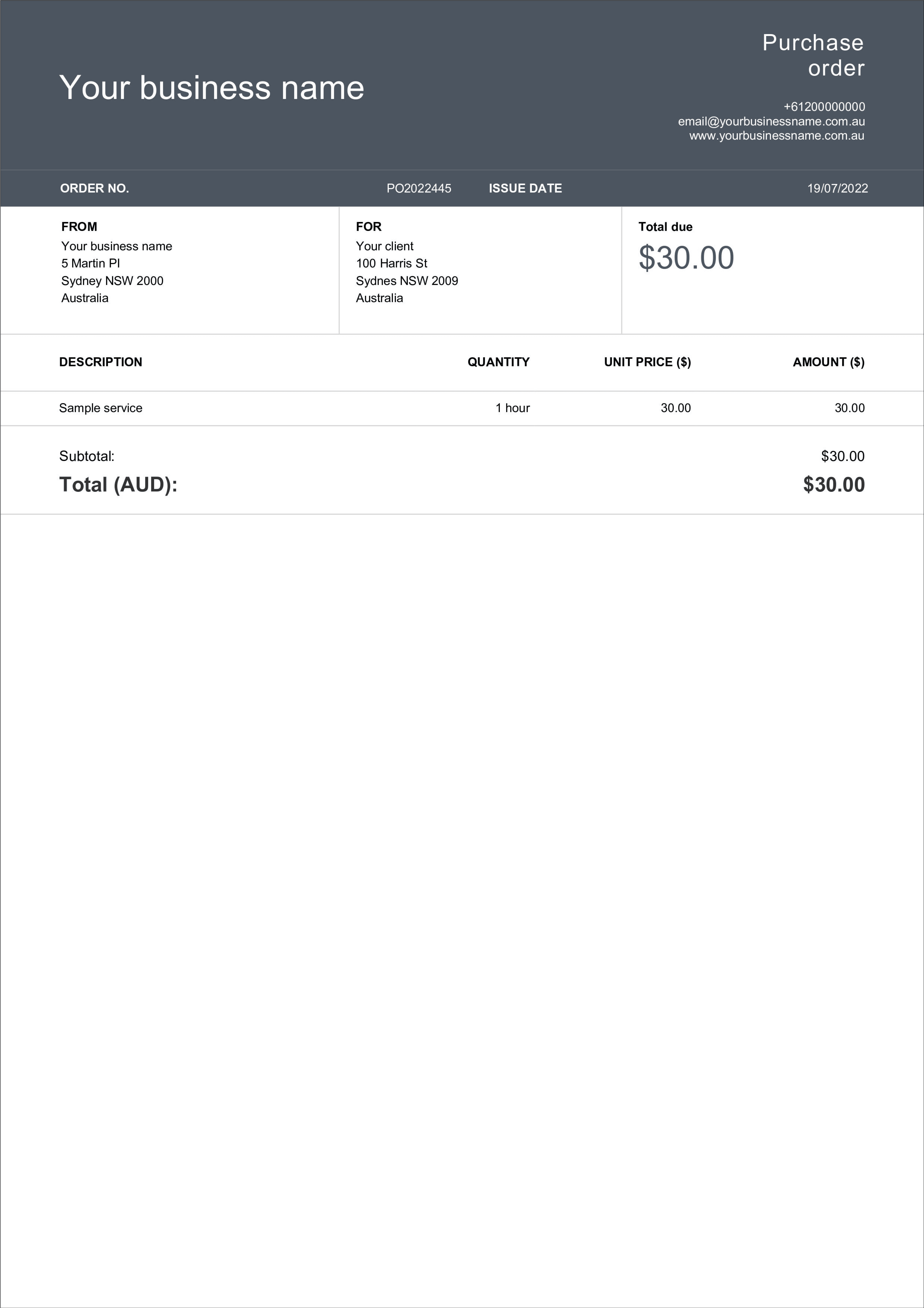 purchase order template sample