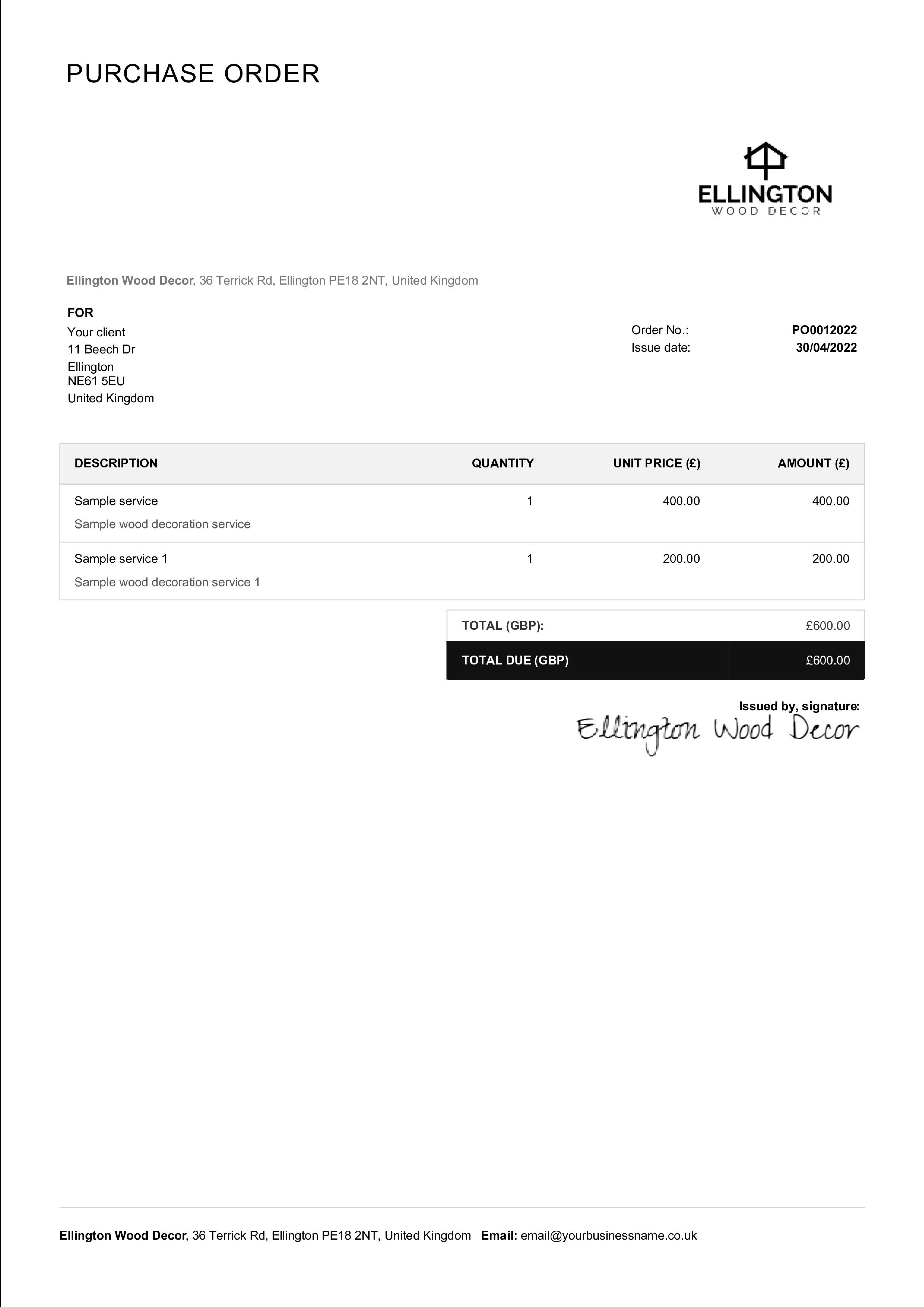 Purchase order example