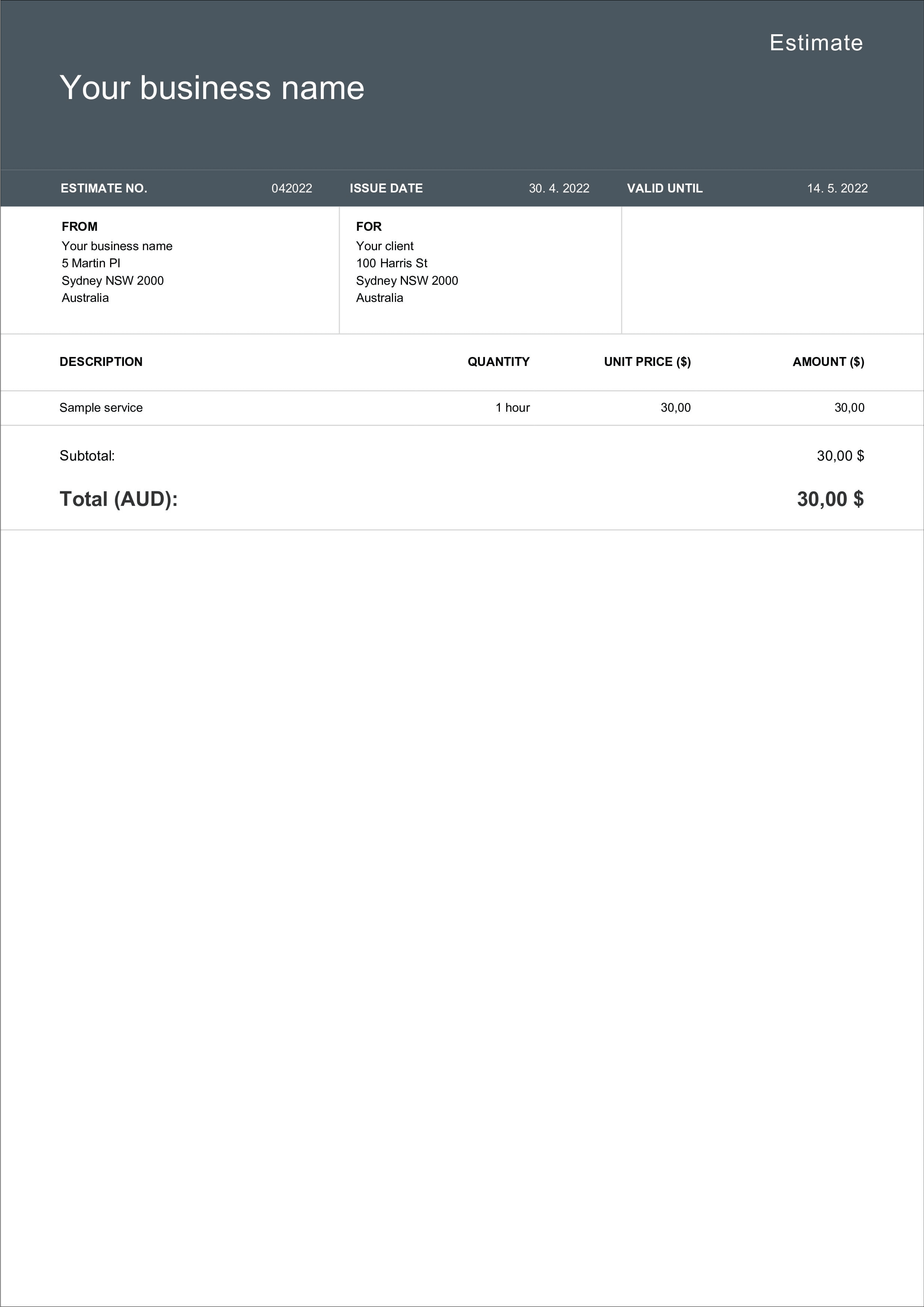 modern estimate template example