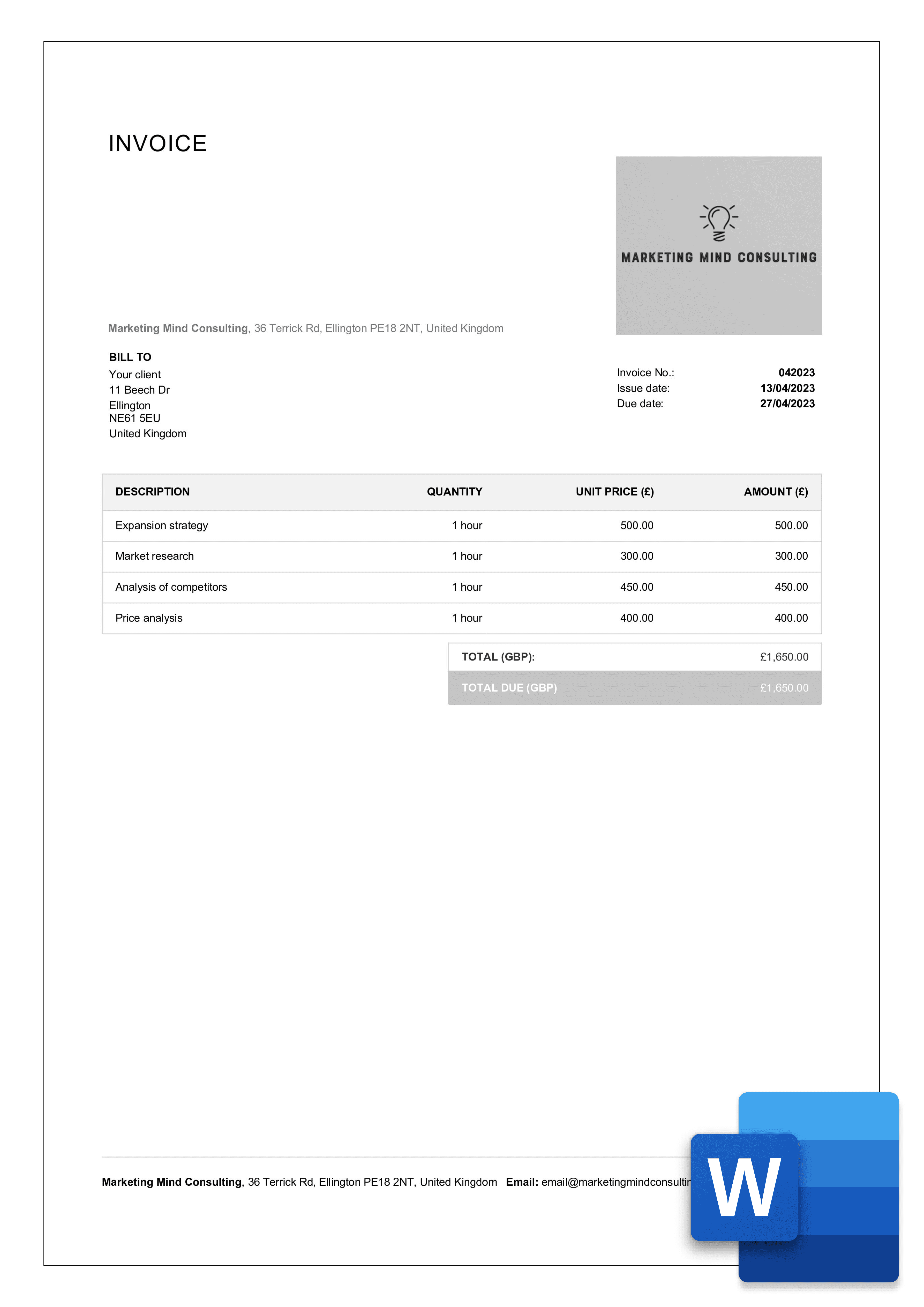 classic consulting invoice template example in word