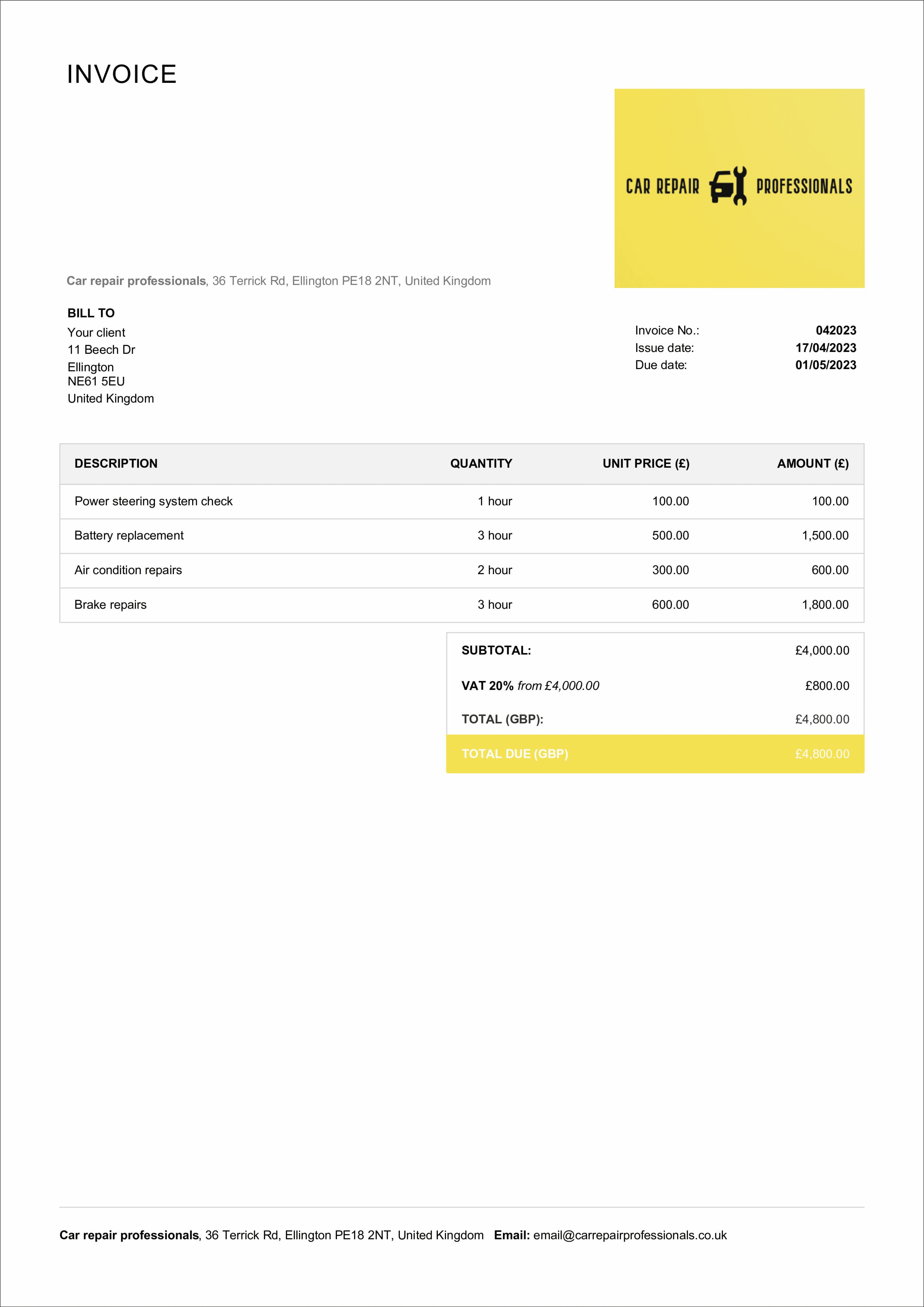 classic mechanics invoice template example 1