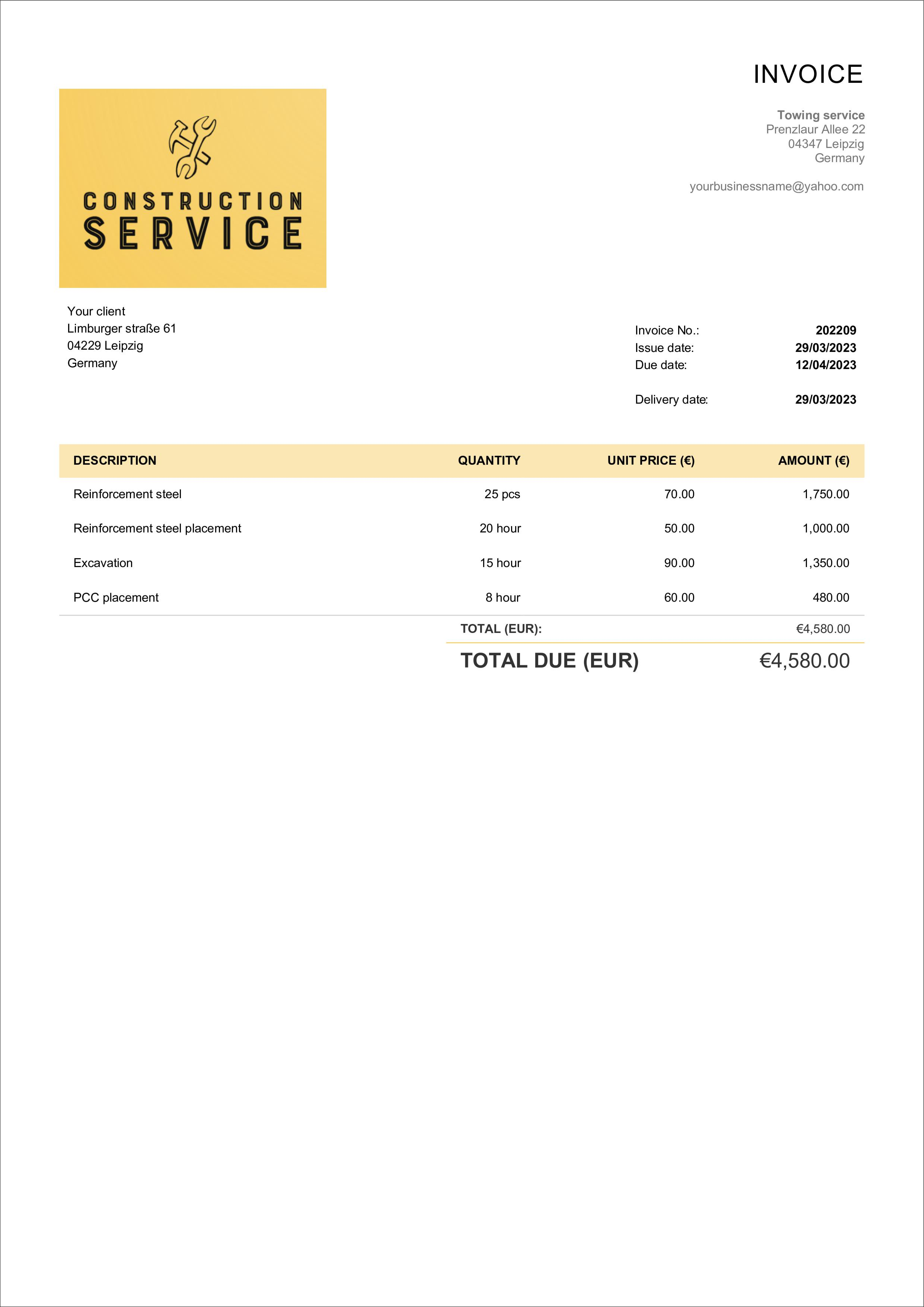 simple construction invoice and receipt sample