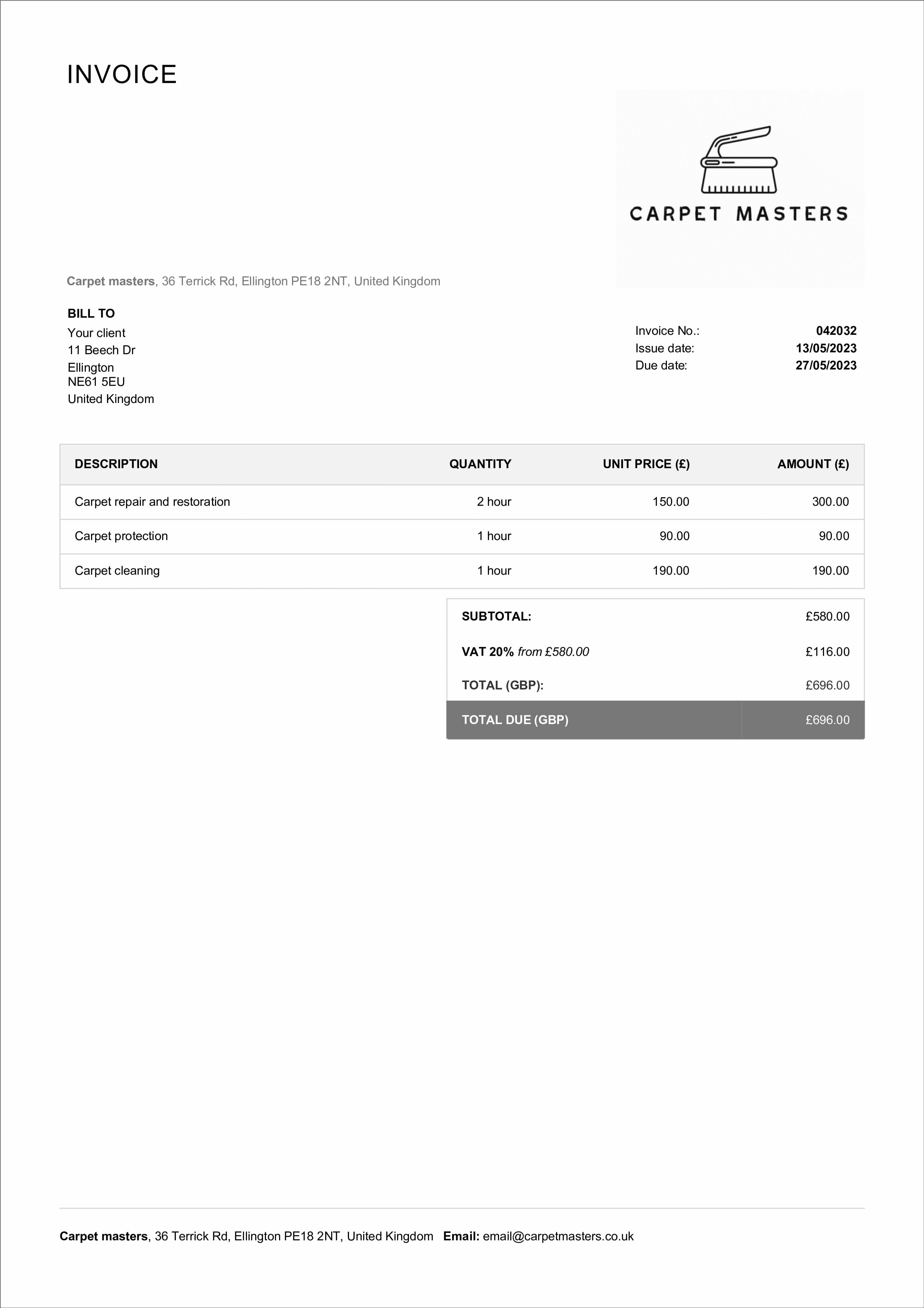 carpet cleaning invoice template example