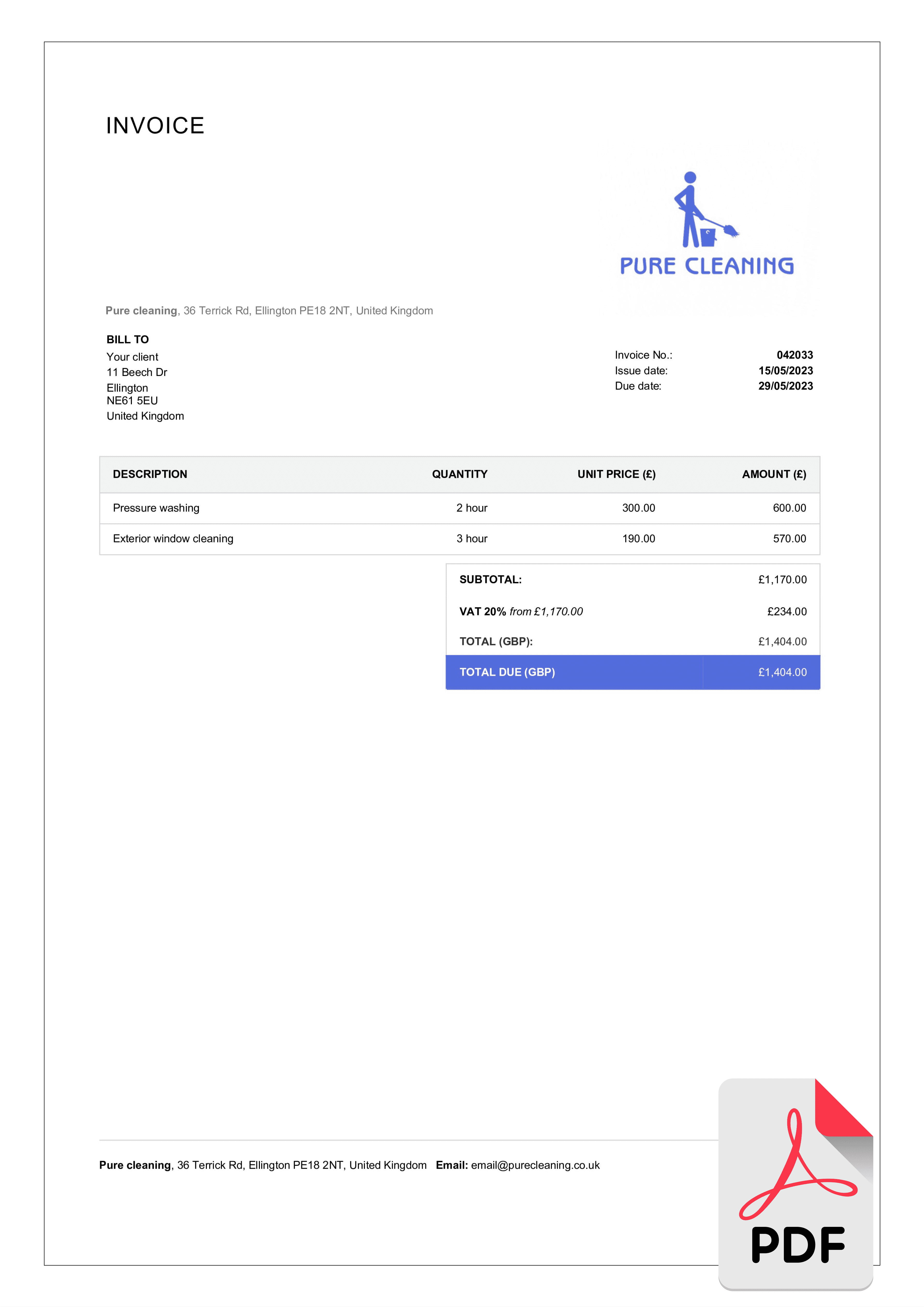 cleaning invoice template example in pdf