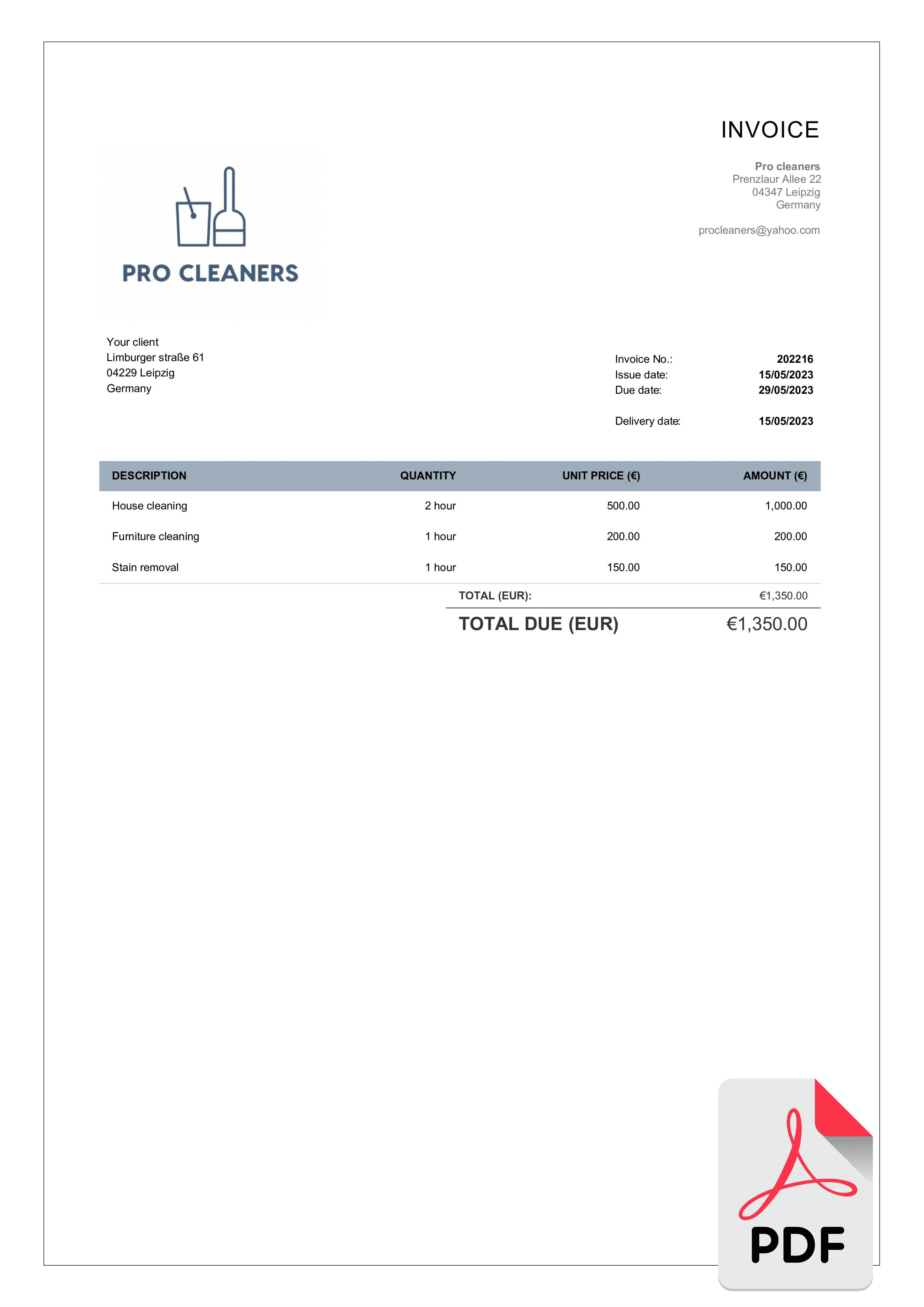 cleaning pdf invoice template sample