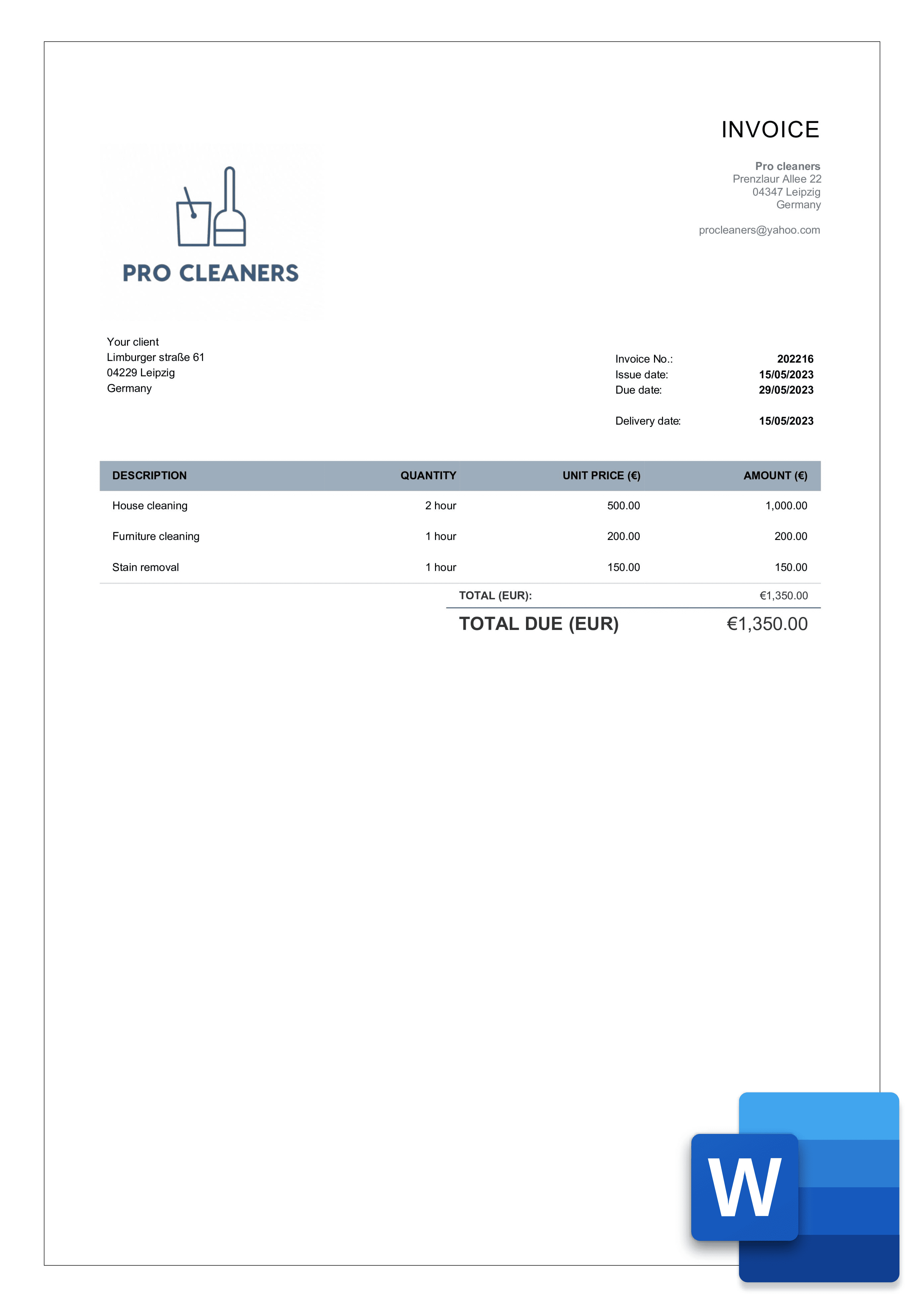 cleaning word invoice template sample