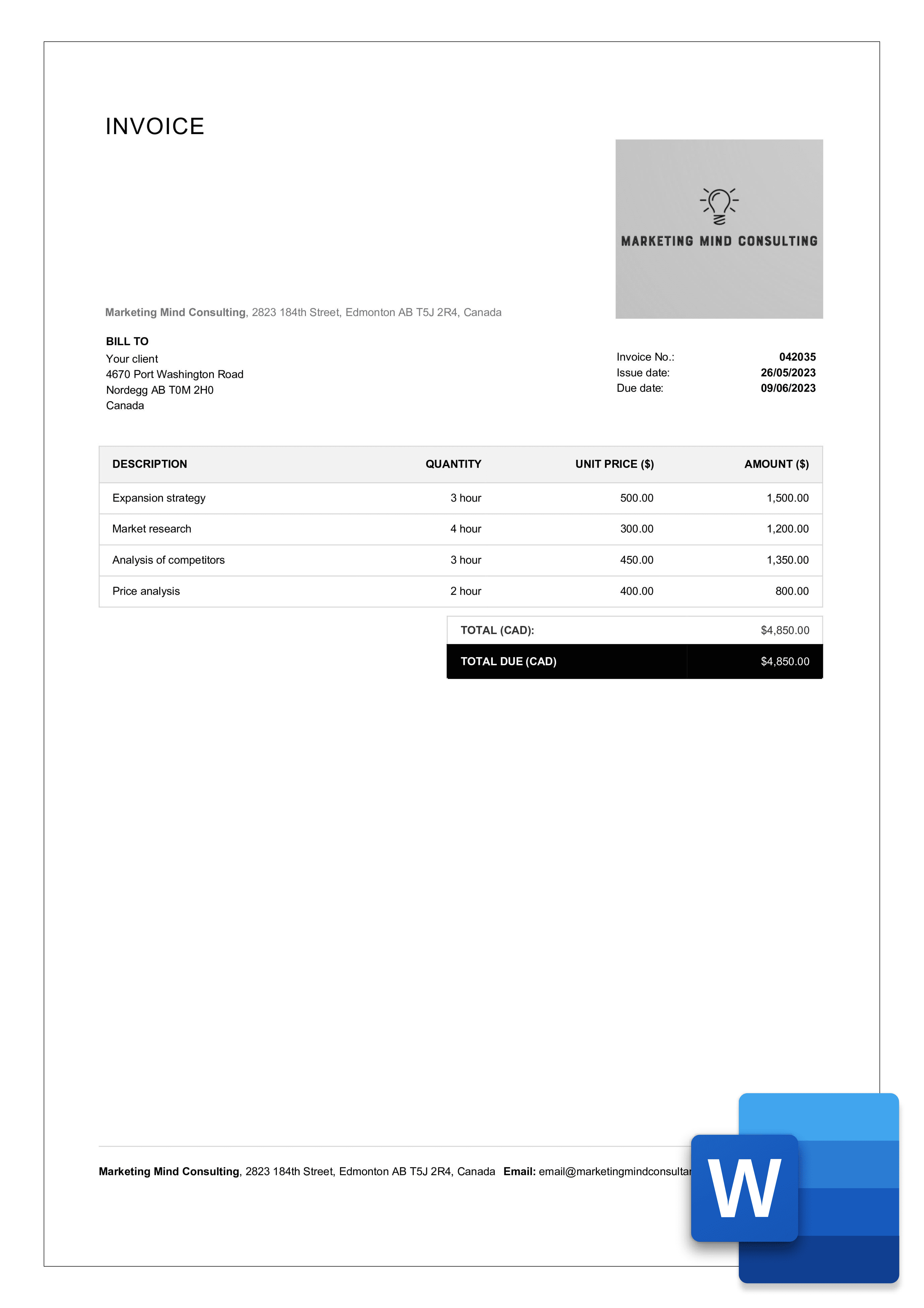 download canadian invoice template example in word