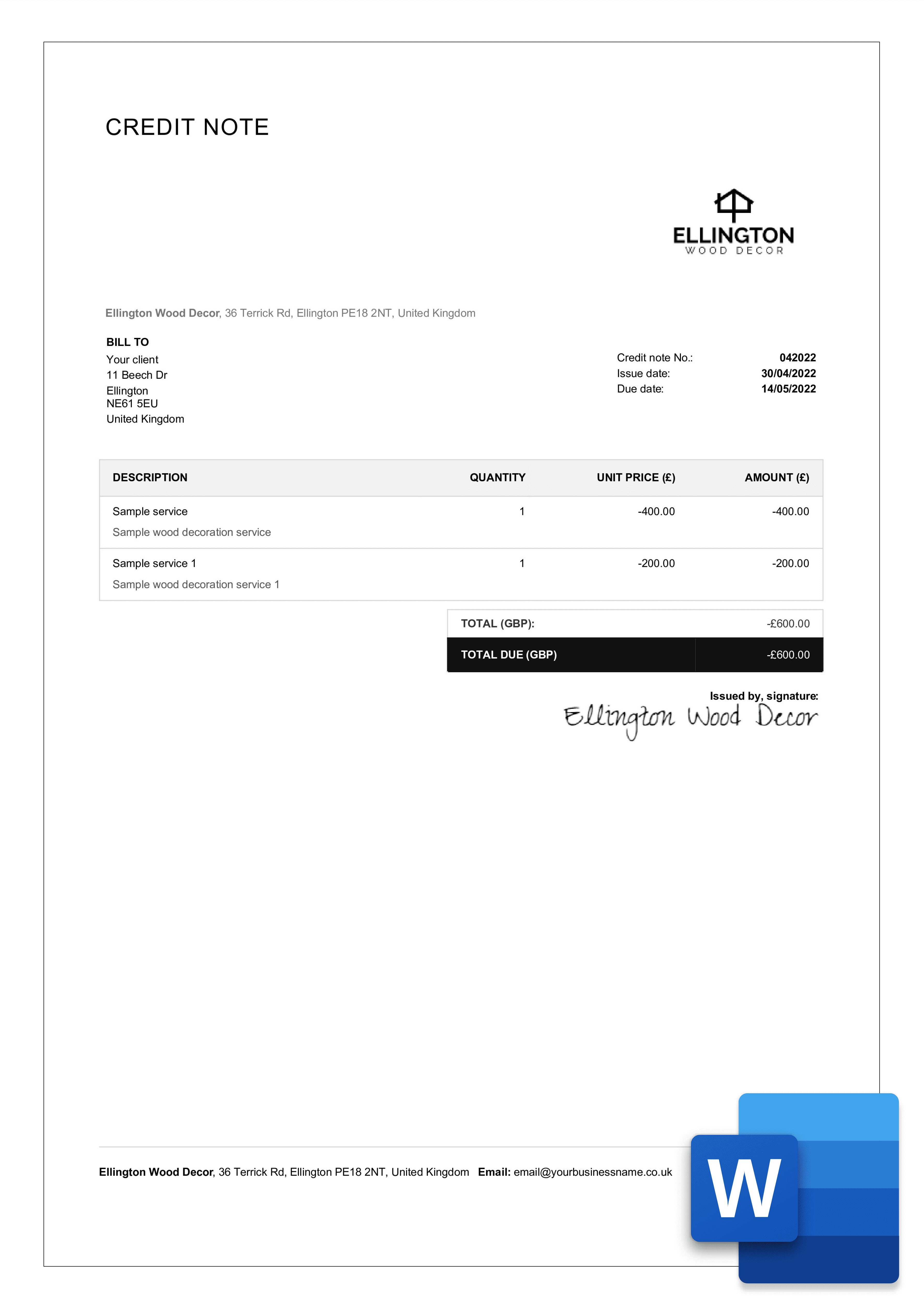 download credit note template example in word