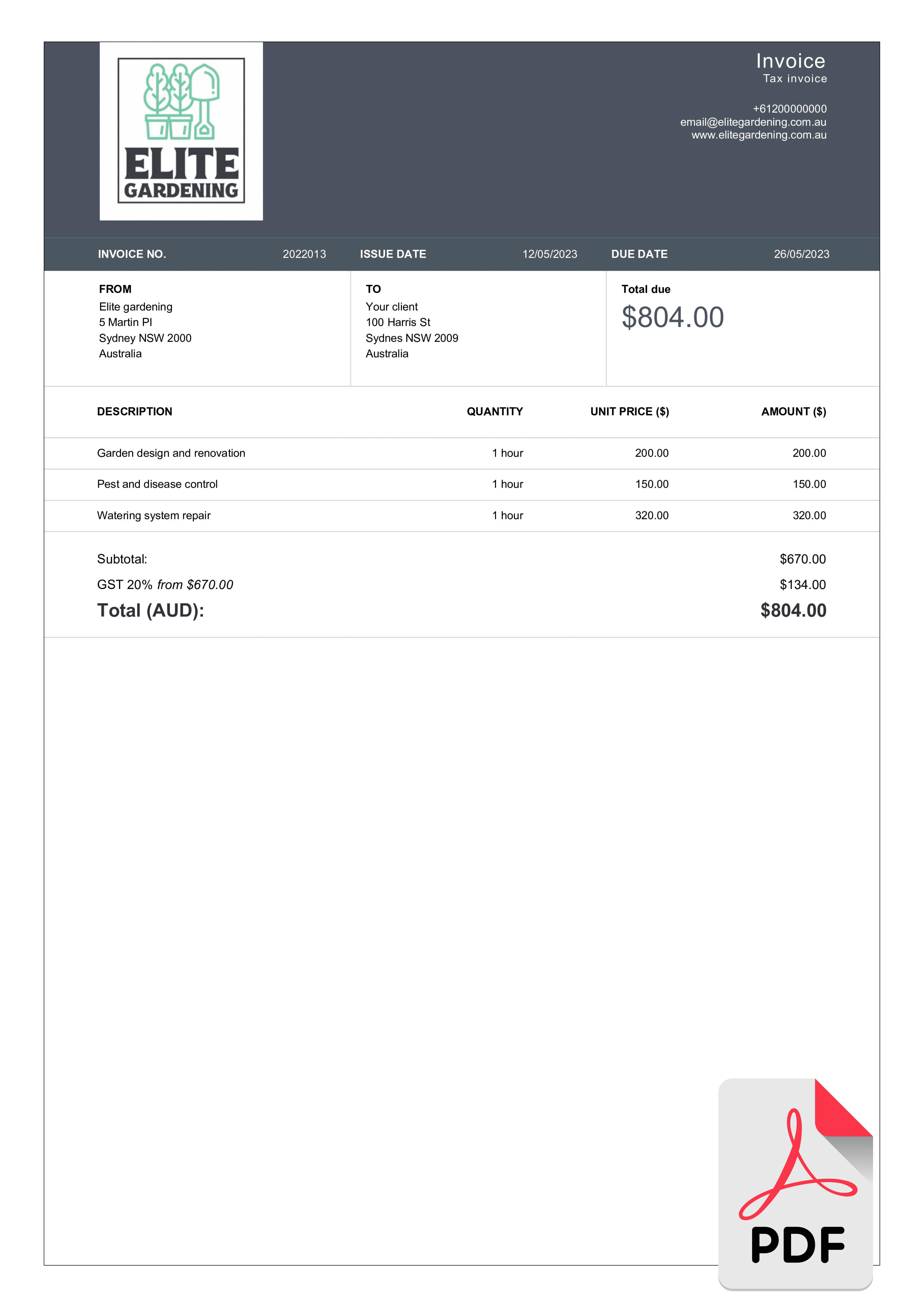 download landscaping invoice template layout in pdf