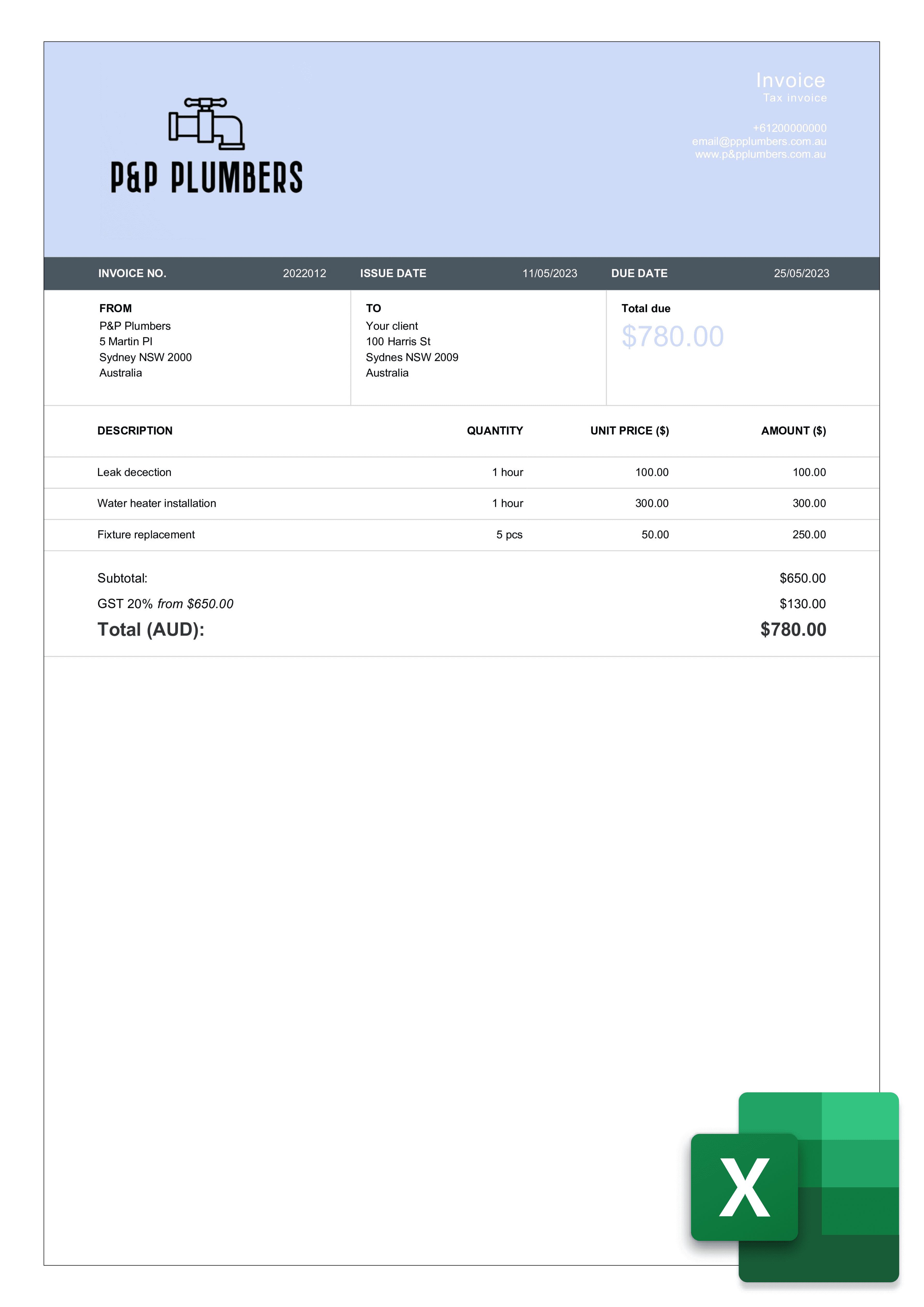 Free Professional Plumbing Invoice Templates in Excel Billdu