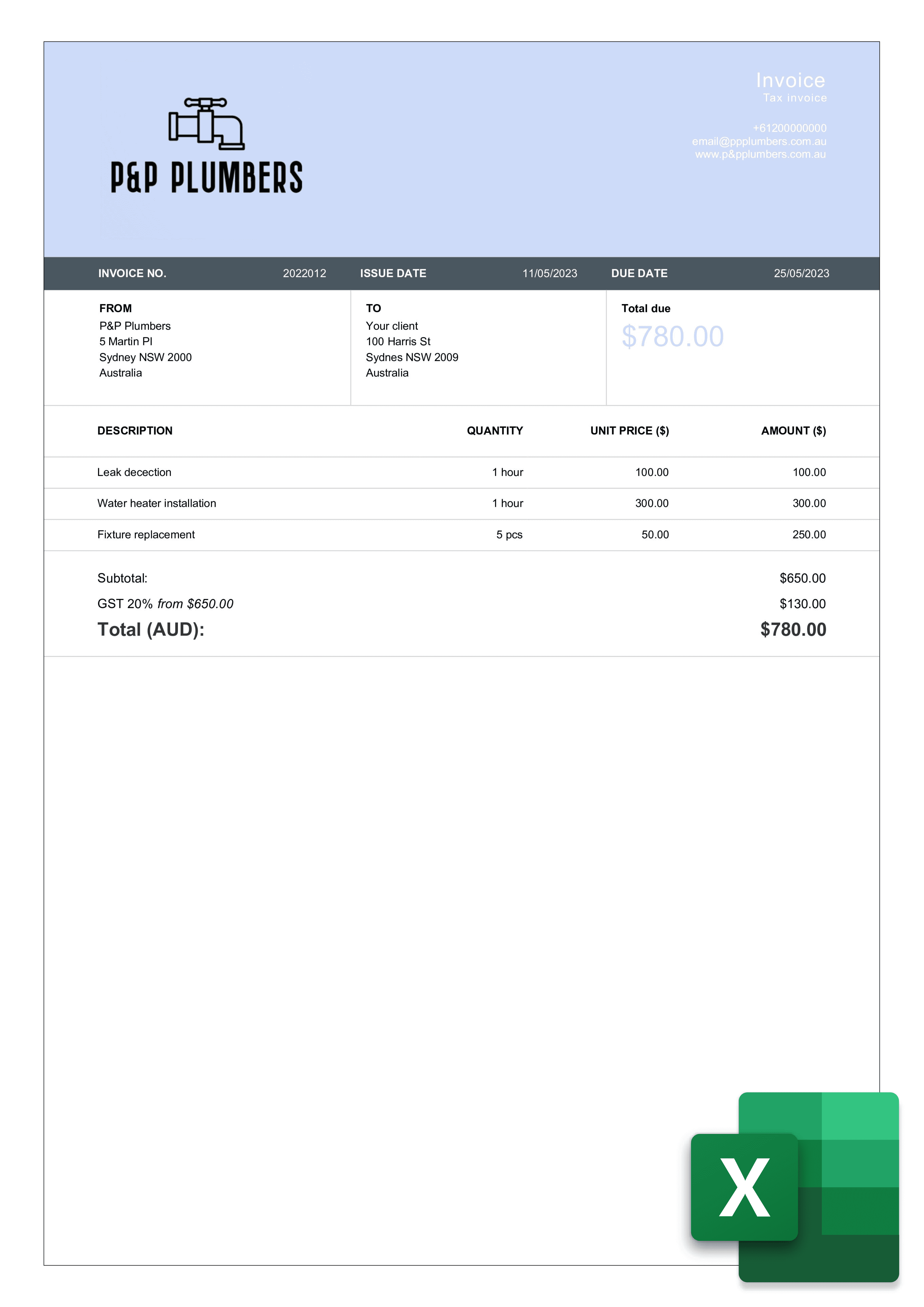 download plumbing invoice layout in excel