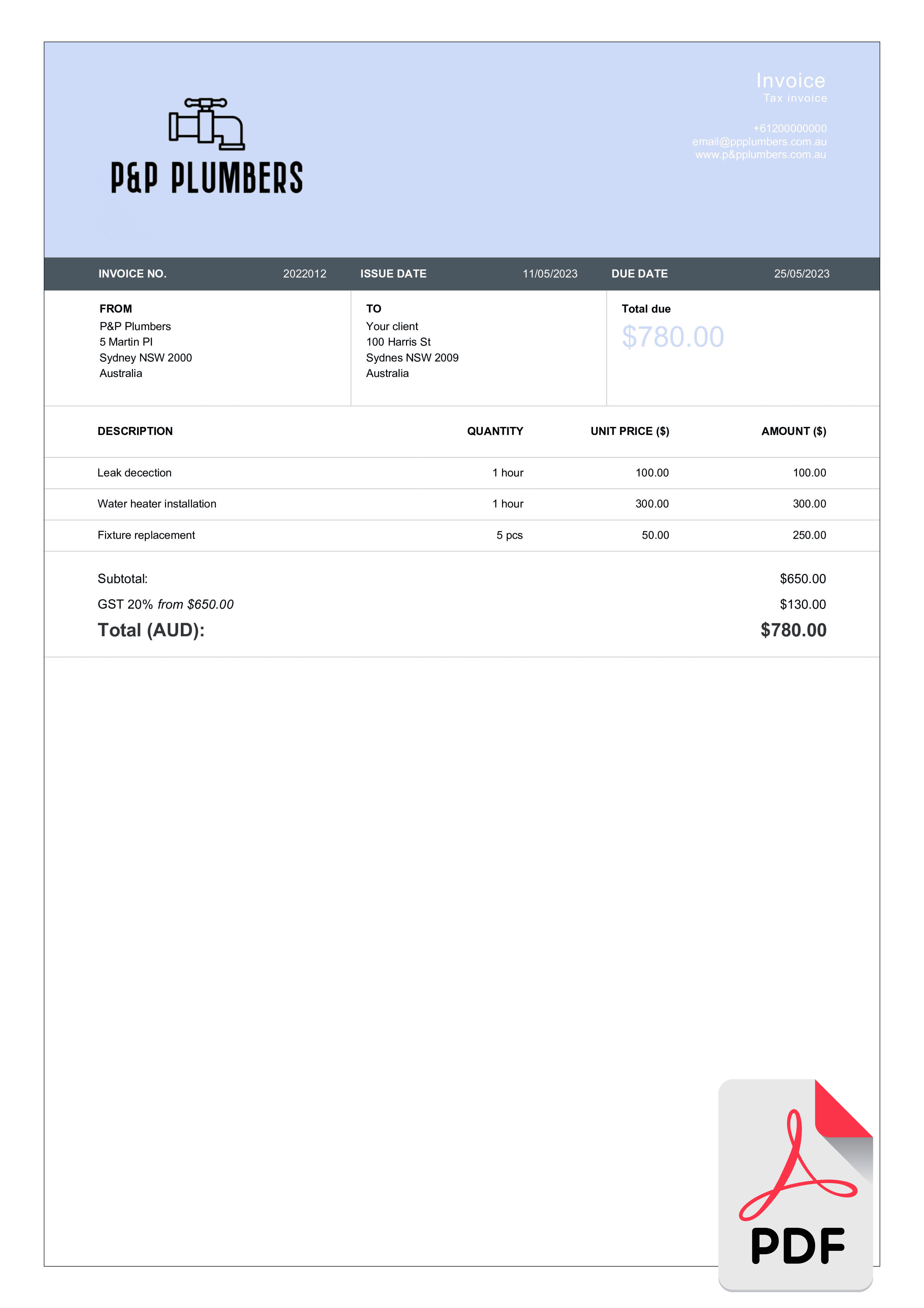 download plumbing invoice layout in pdf