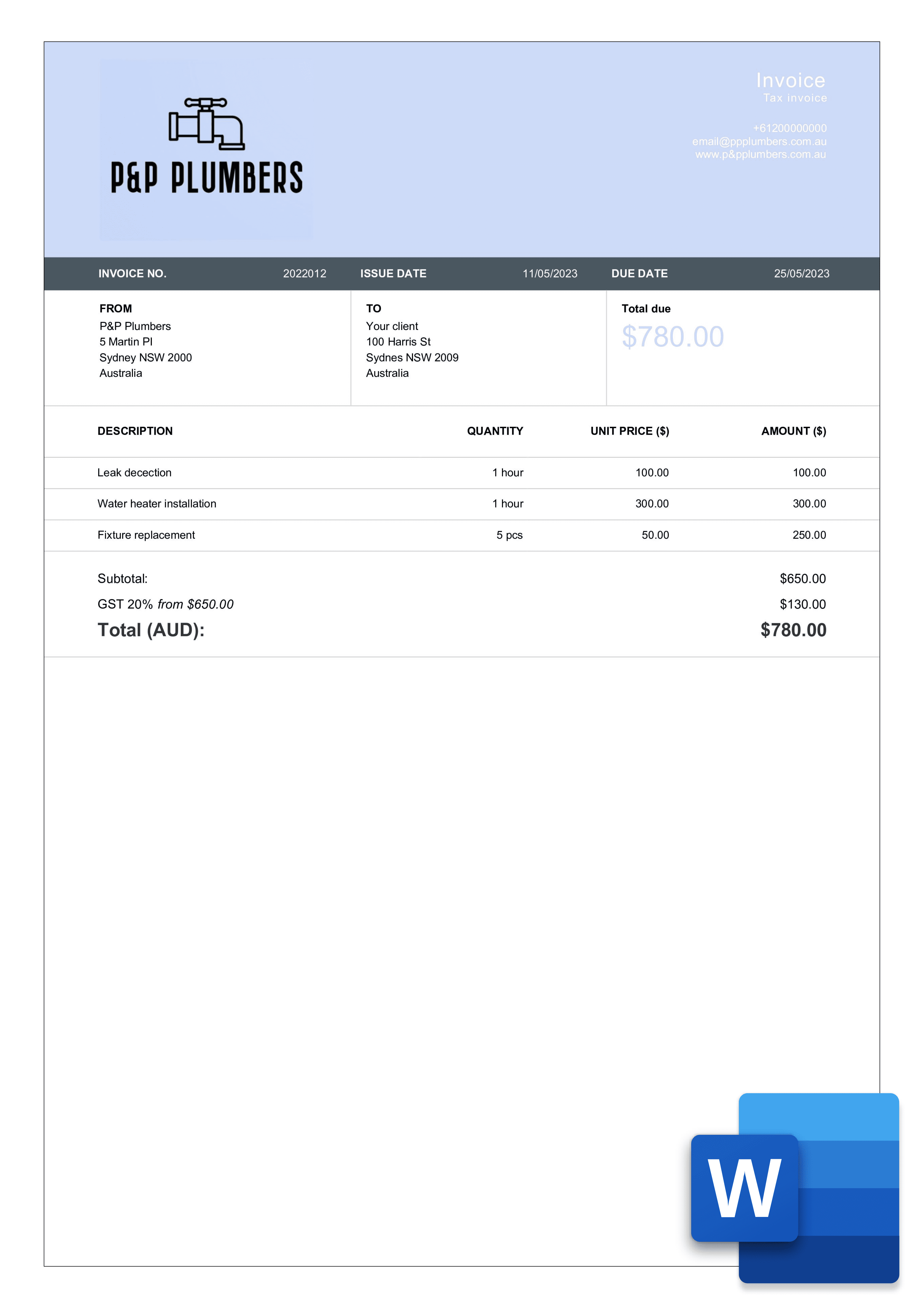 download plumbing invoice layout in word