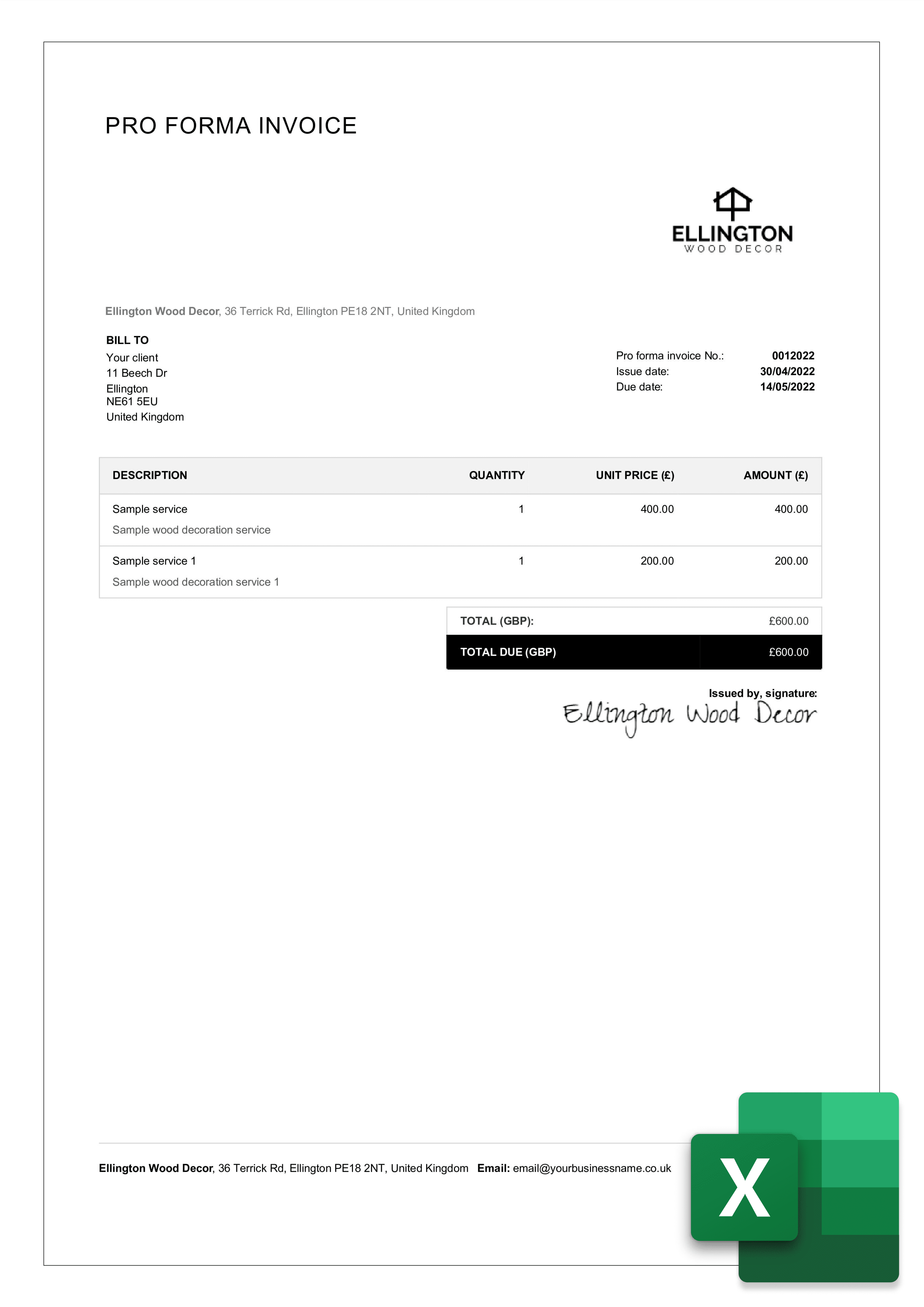 download pro forma invoice template example in excel