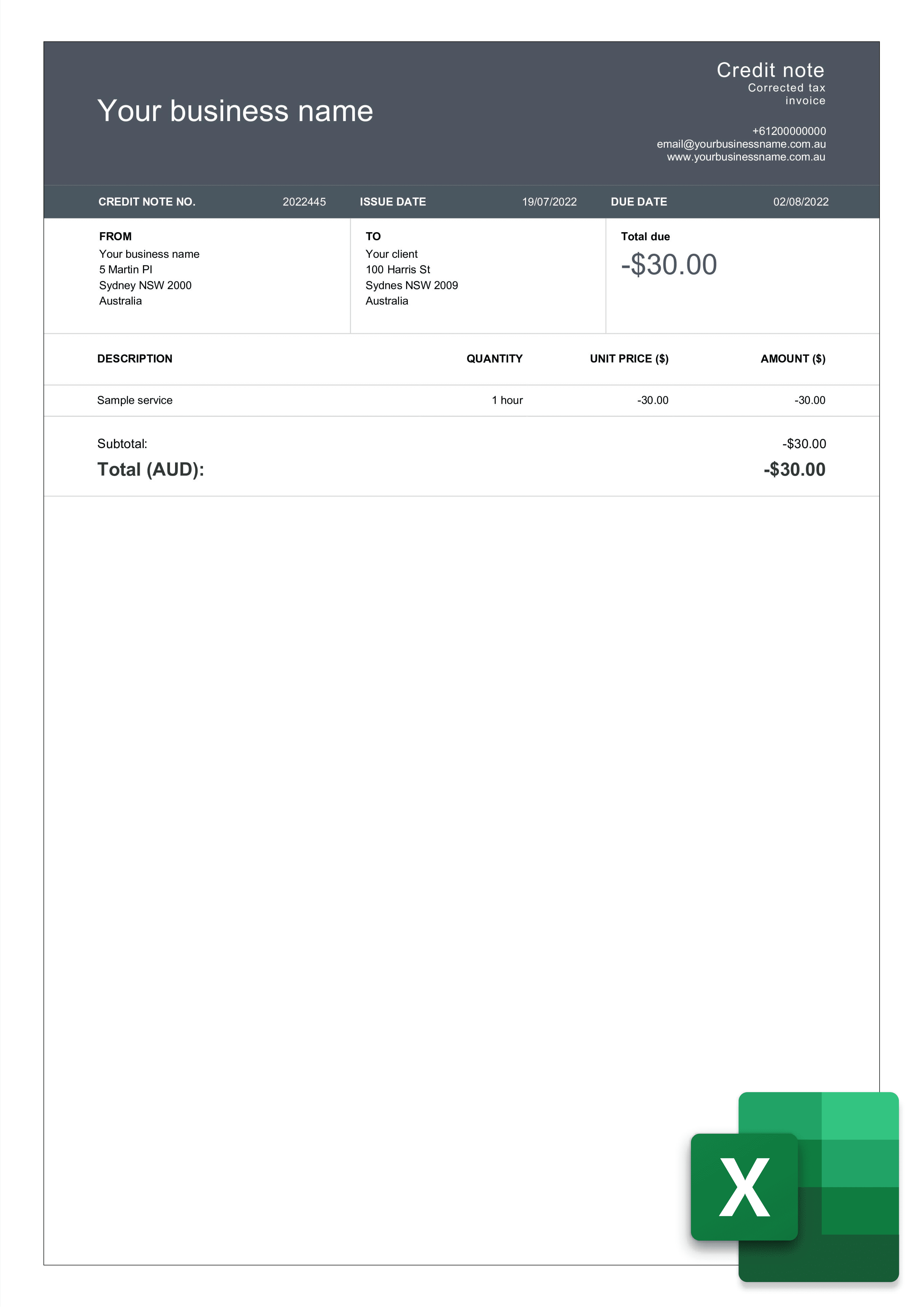 excel credit note template sample