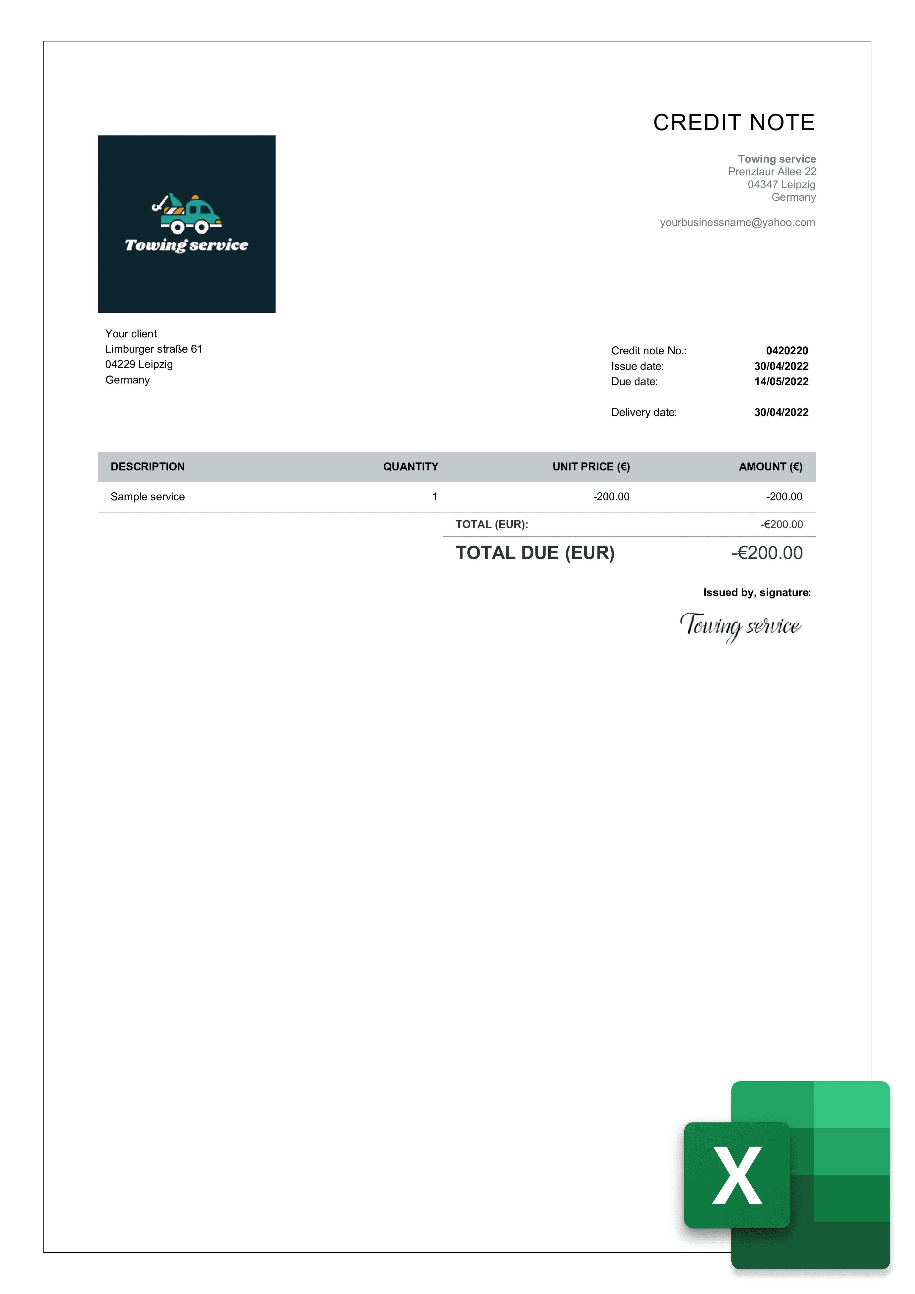 free credit note layout in excel