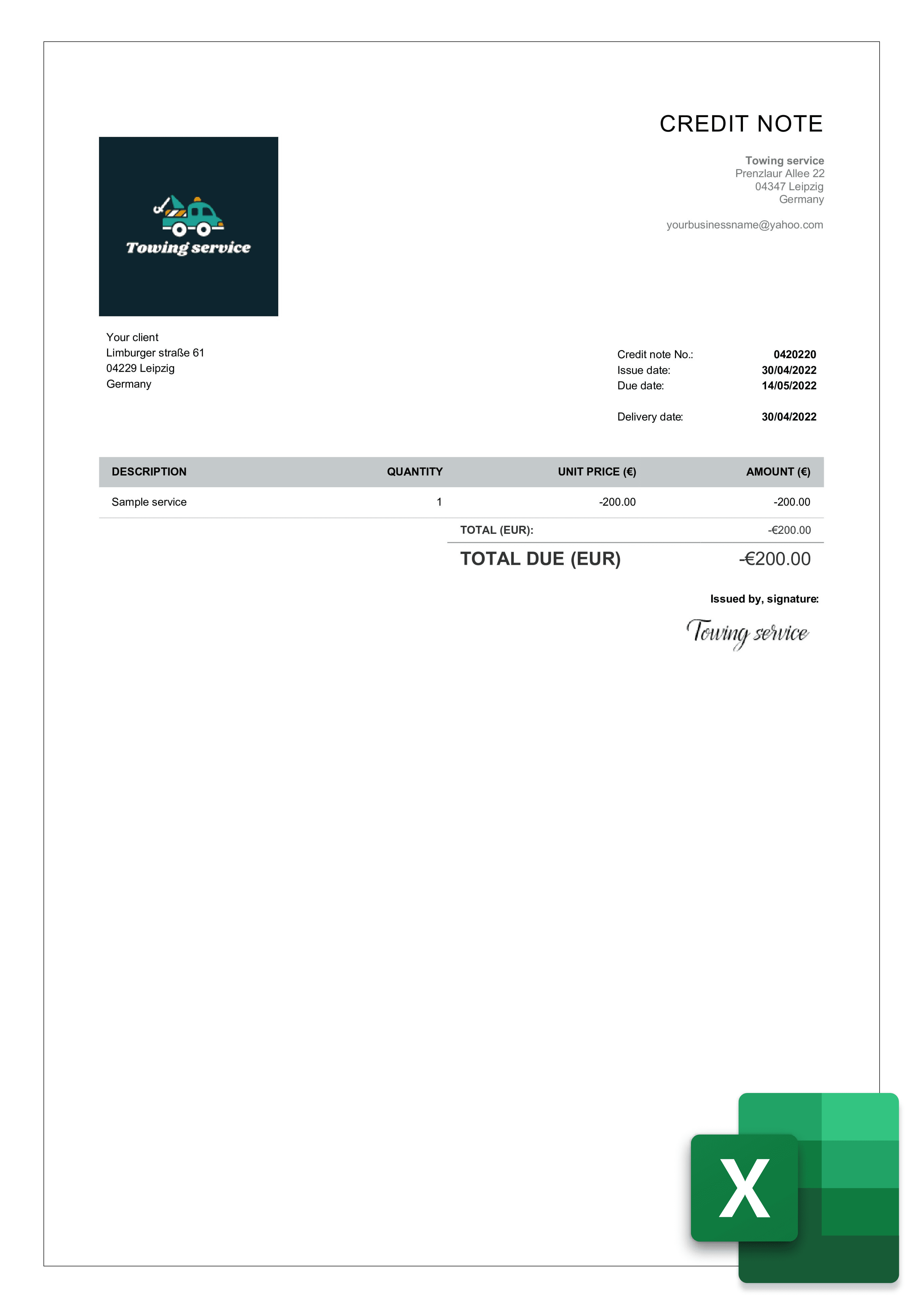 Free Credit Note Excel Template Download Billdu