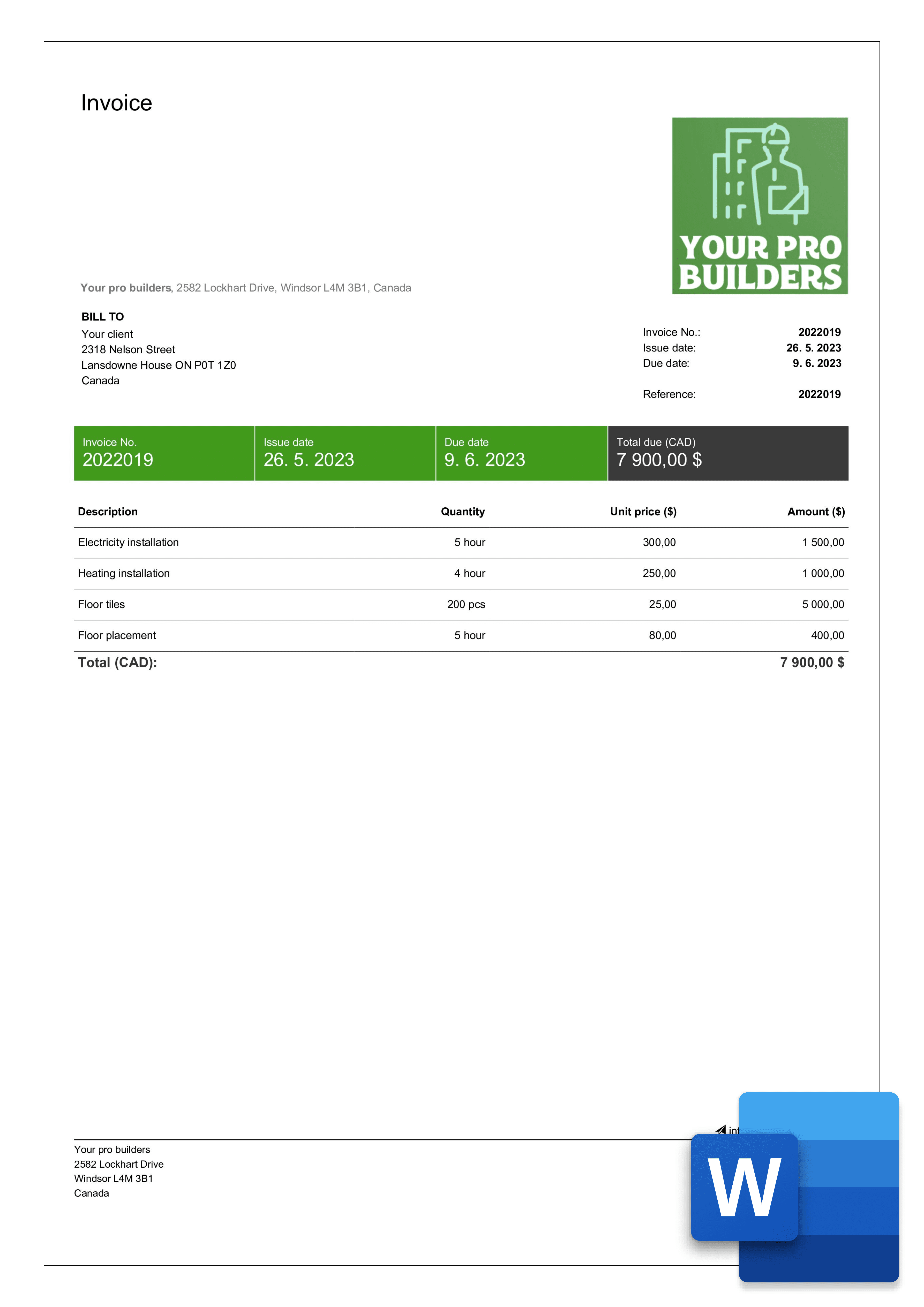 free invoice template for Canada in word