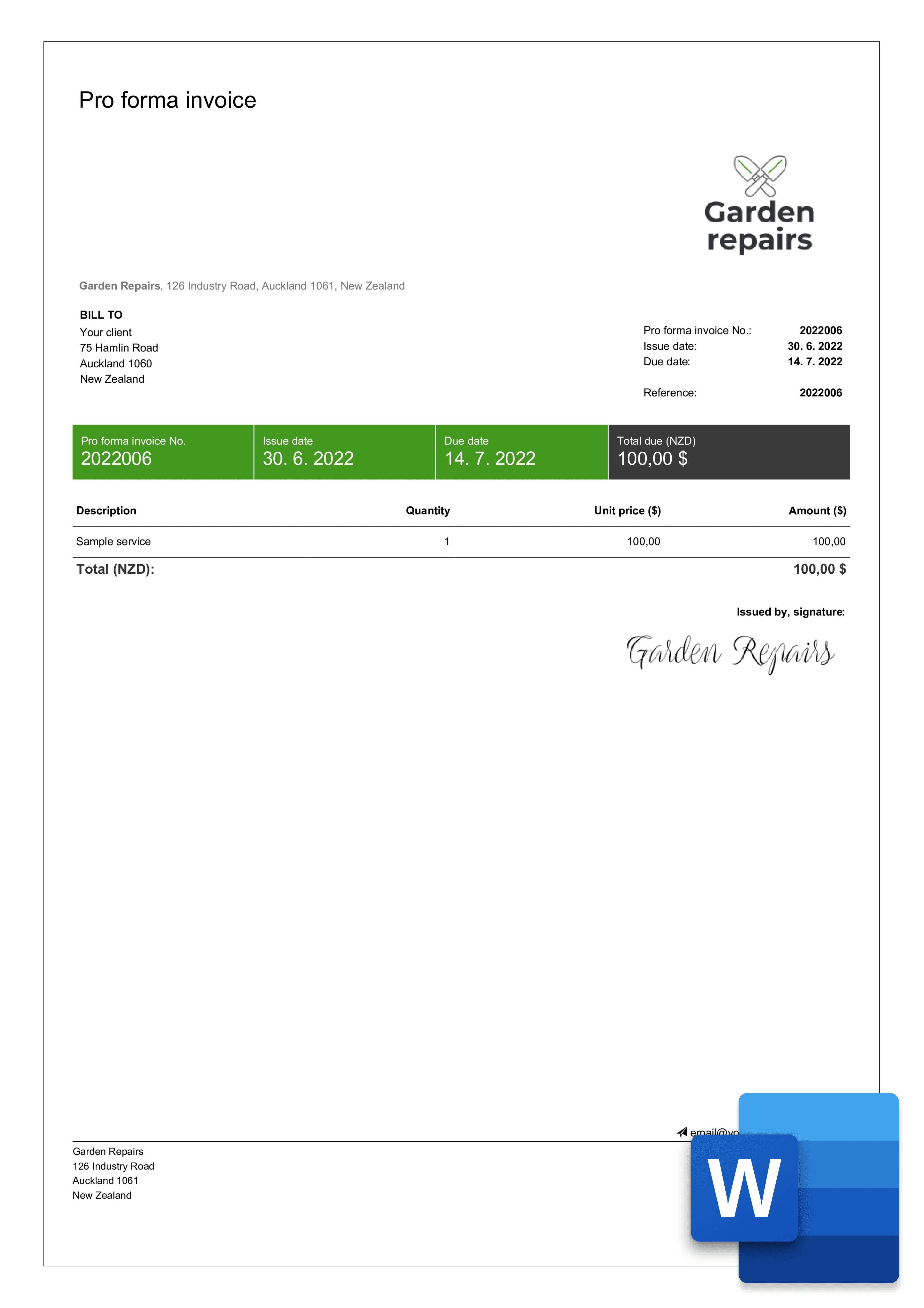 free proforma invoice template in word