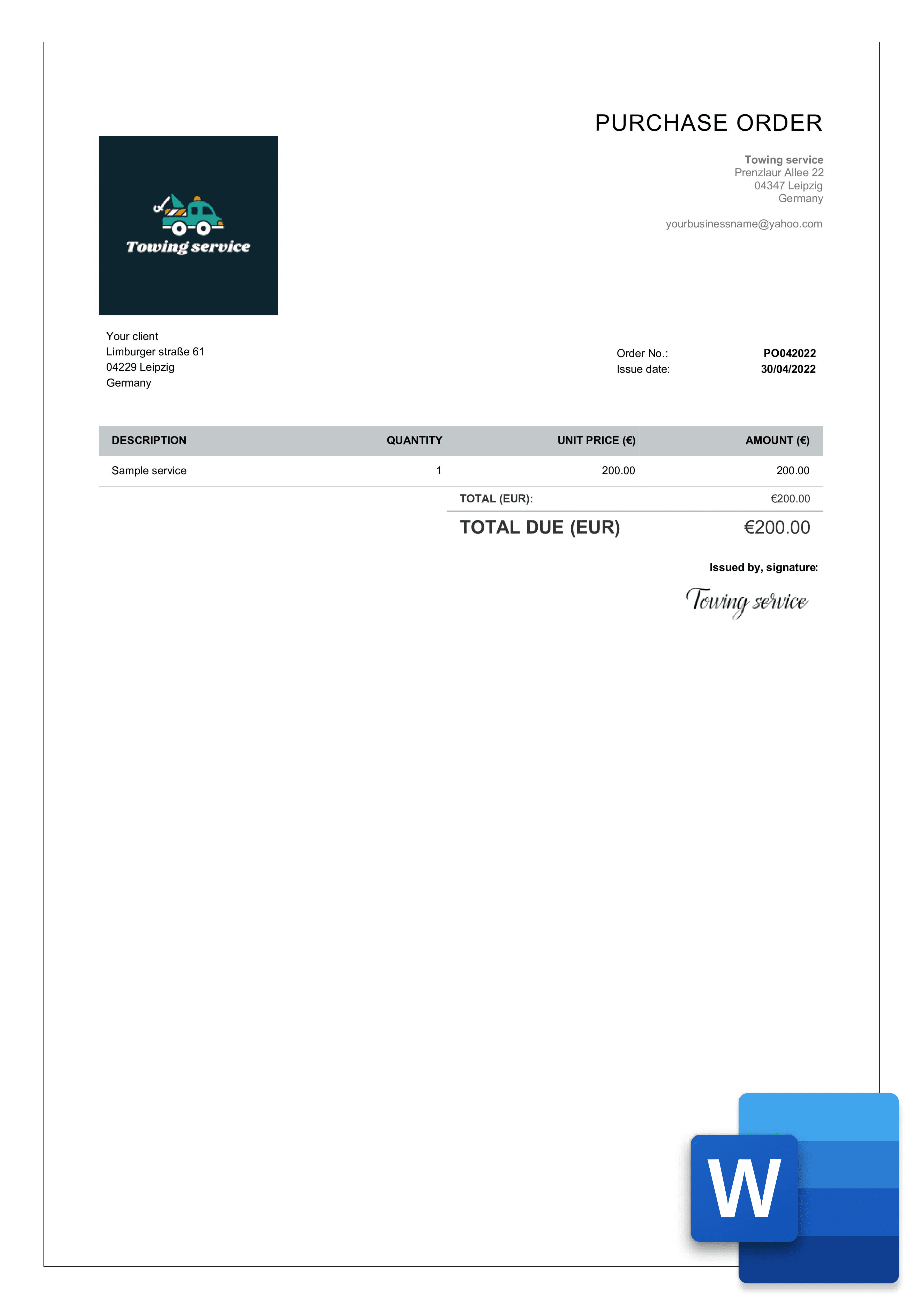 free purchase order layout in word