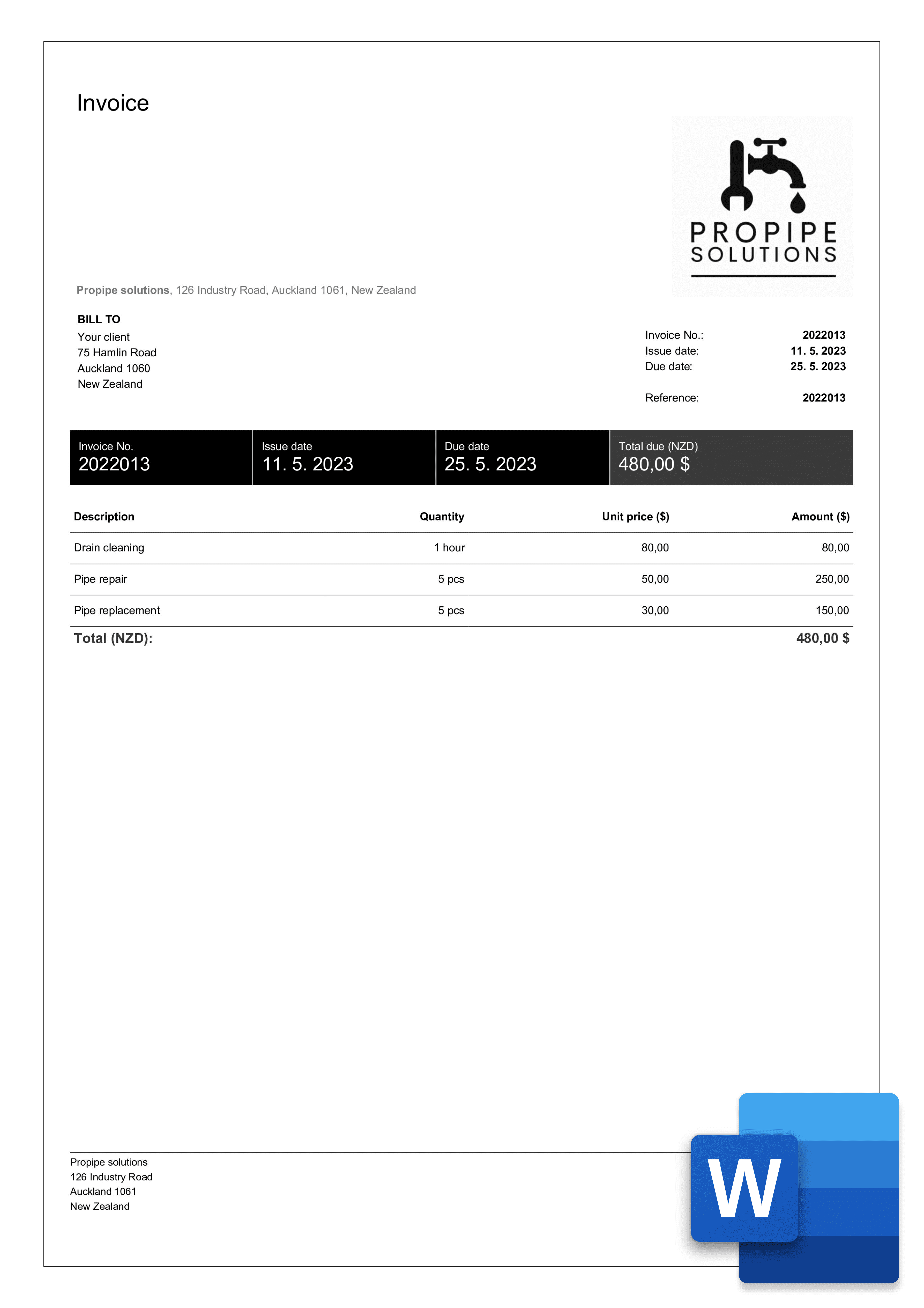 free word plumbing invoice template