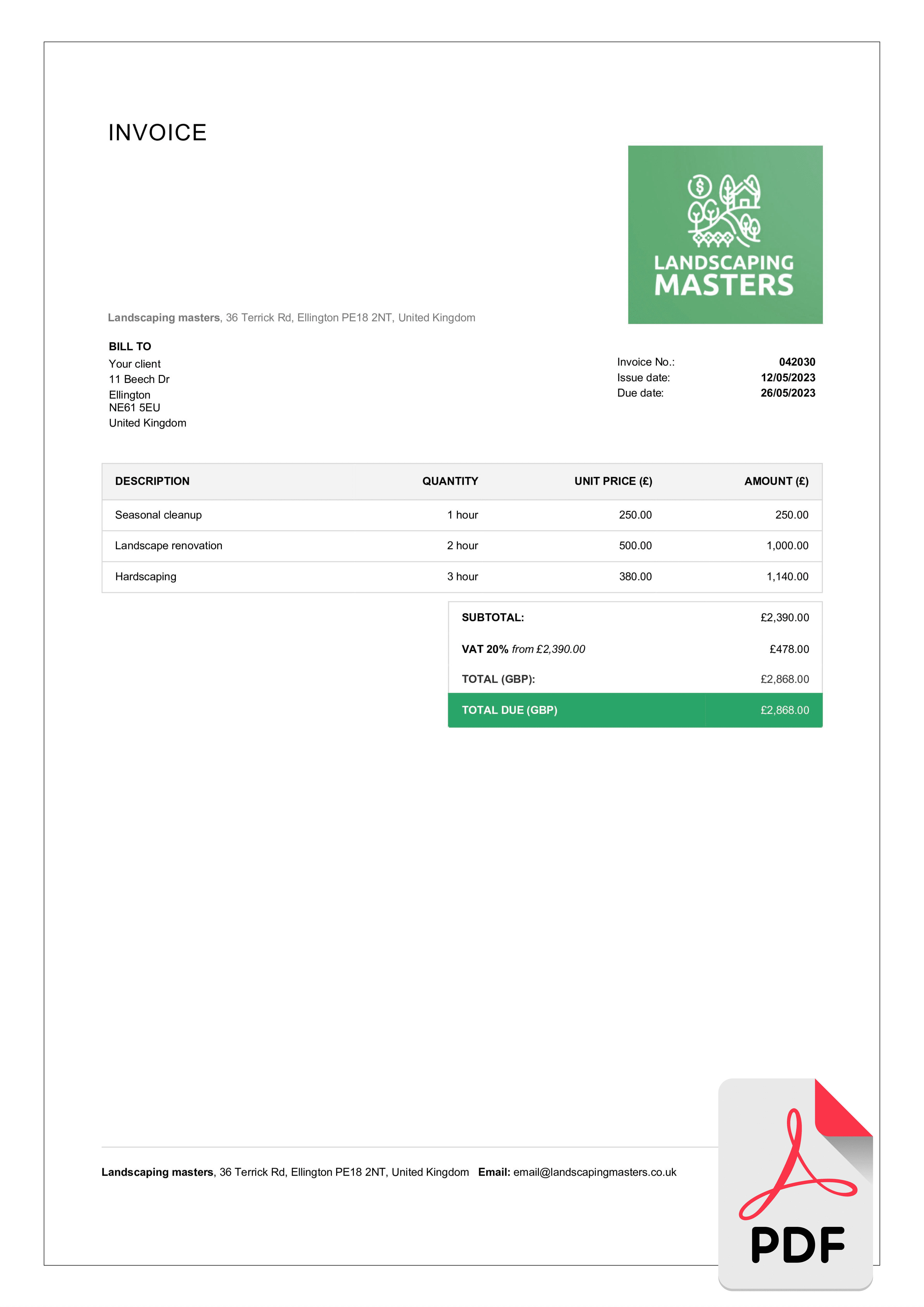 landscaping invoice template example in pdf