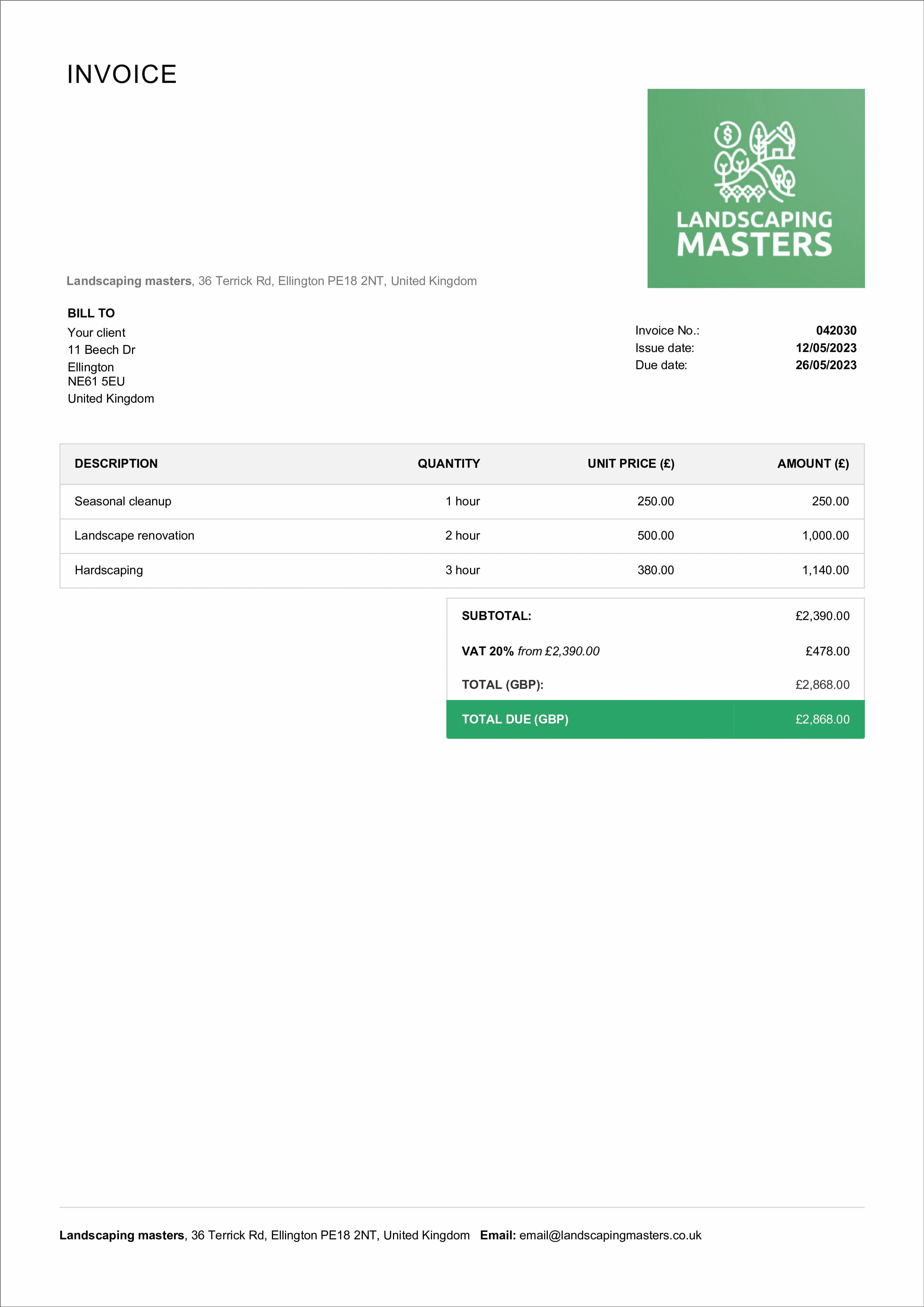 landscaping invoice template example