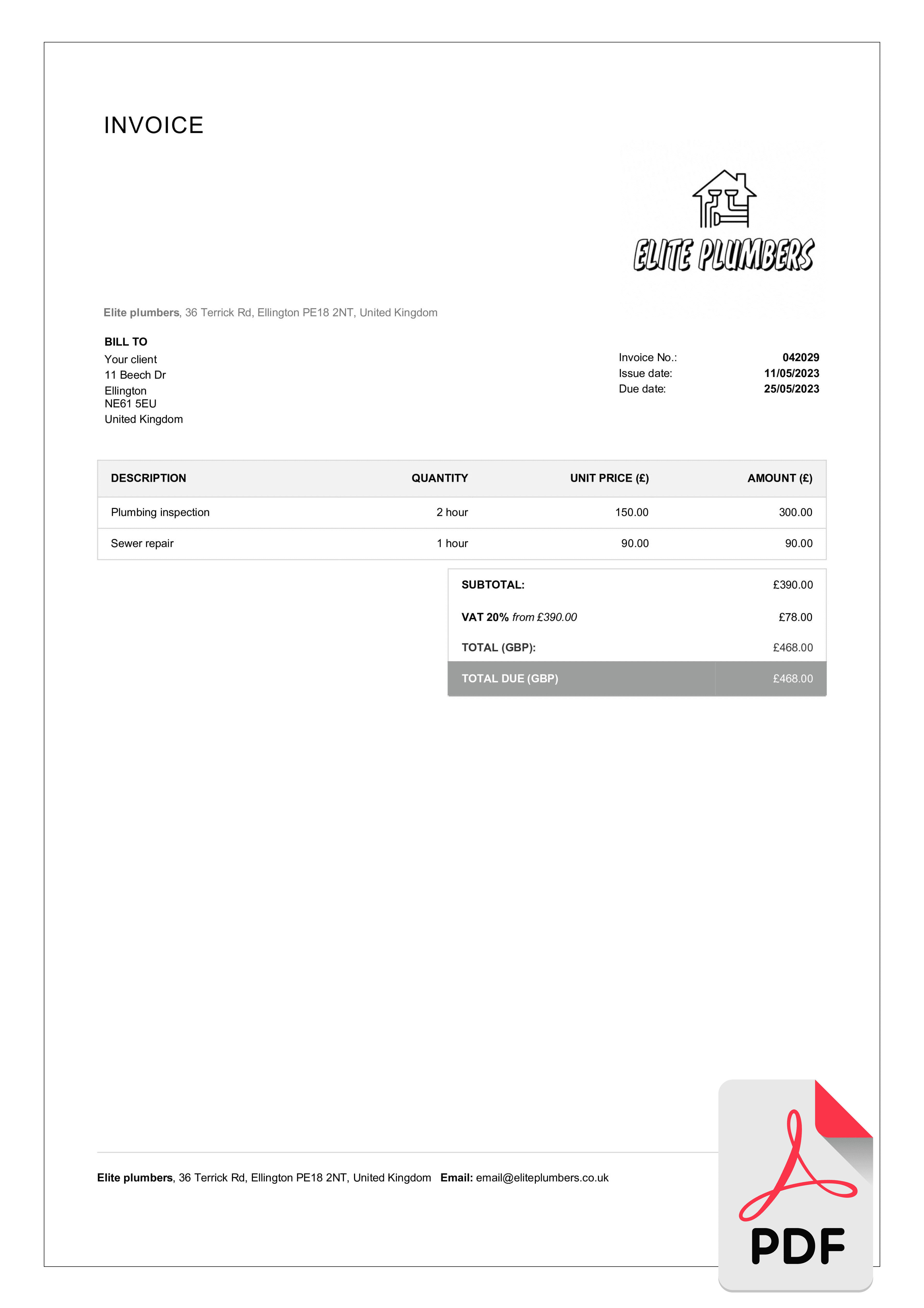 plumbing invoice template example in pdf