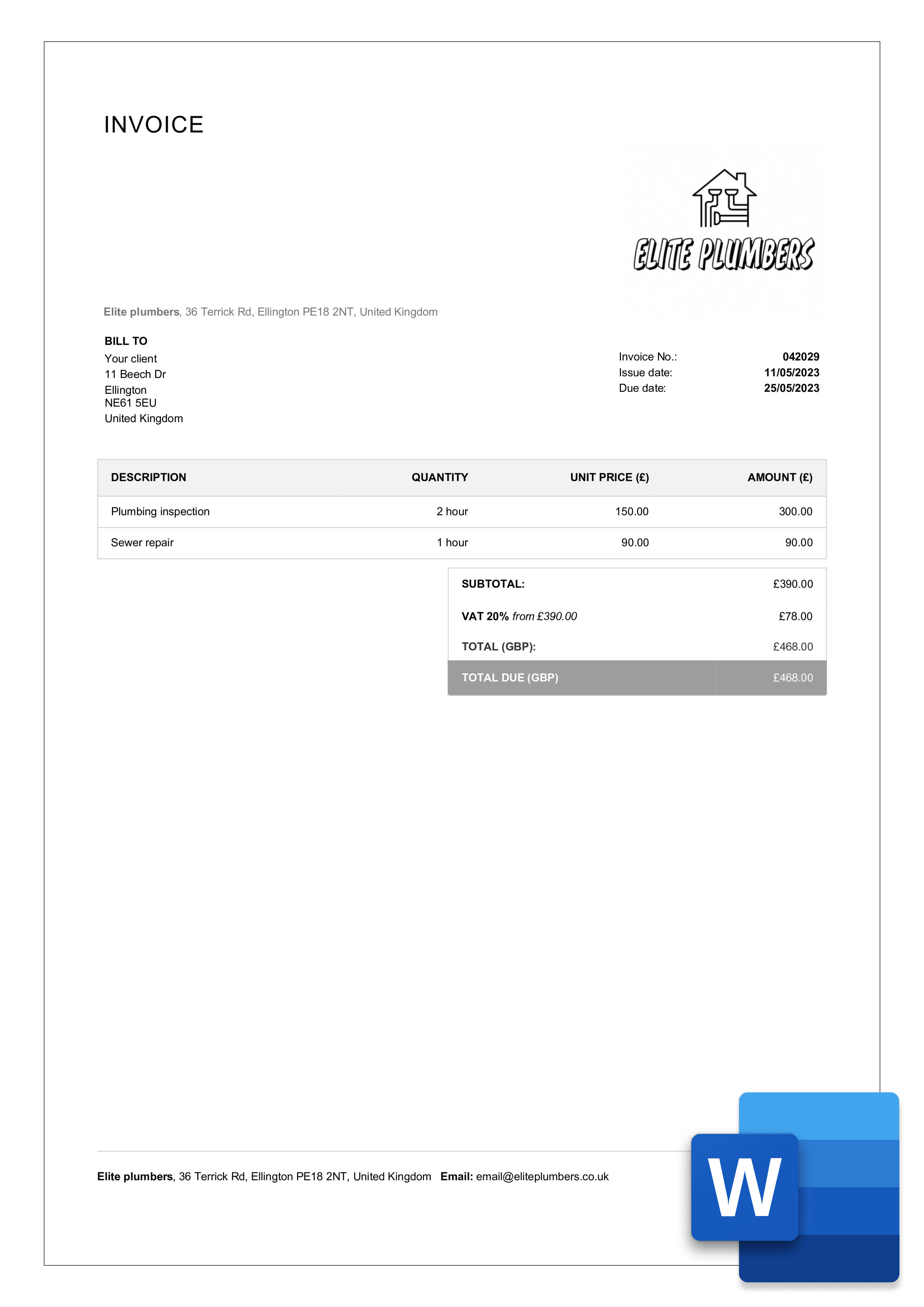 plumbing invoice template example in word