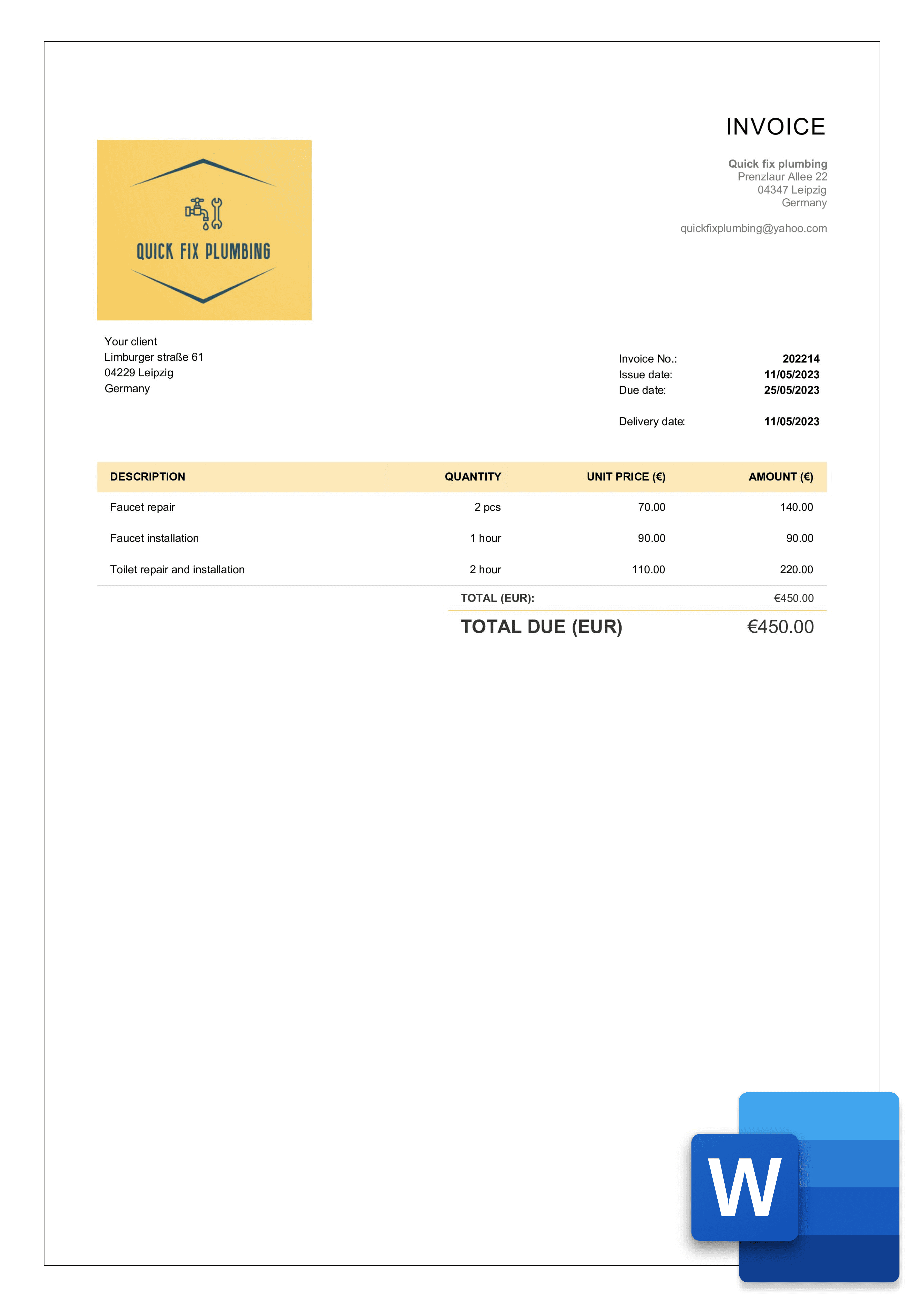 Free Professional Plumbing Invoice Templates in Word Billdu
