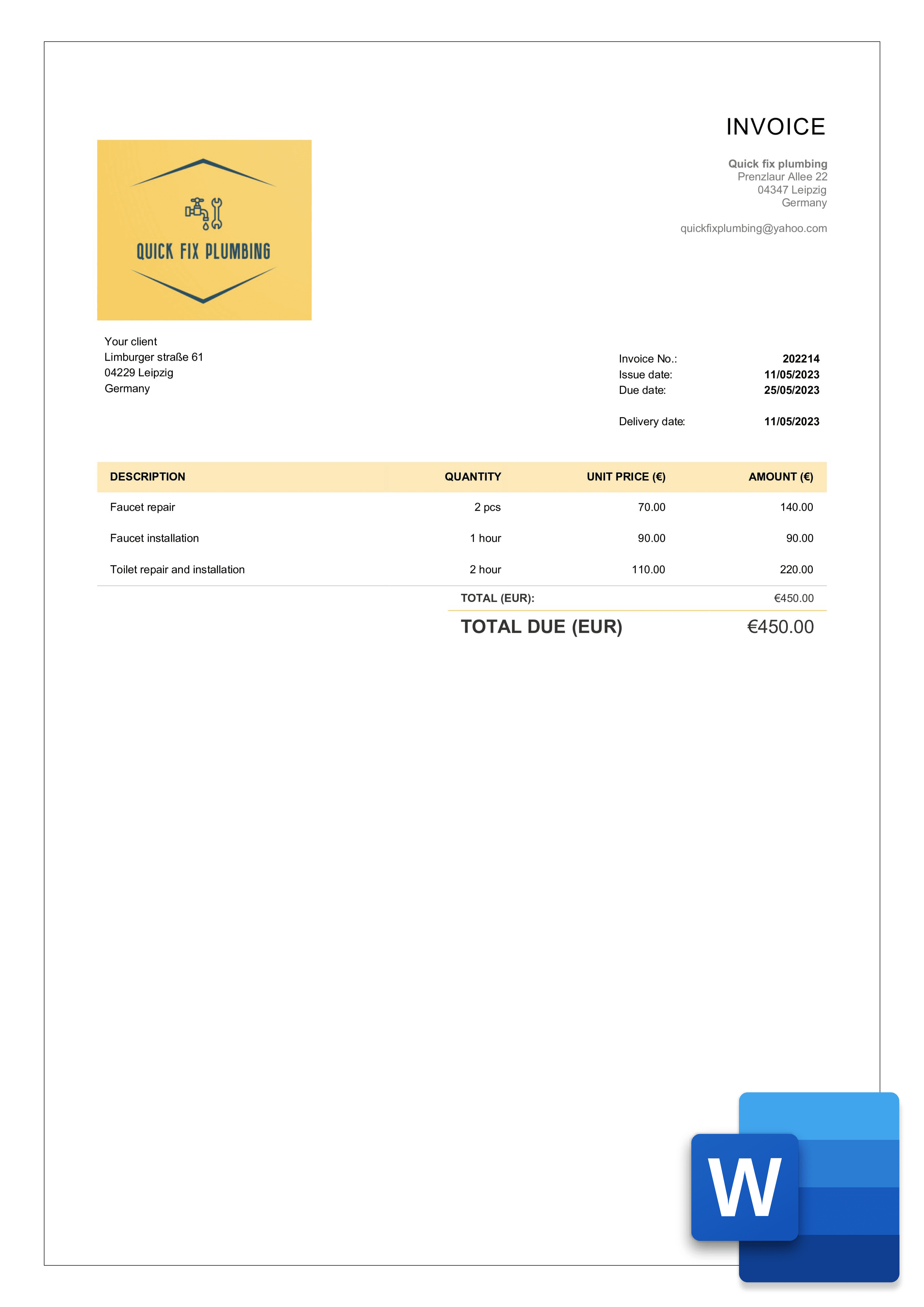 plumbing word invoice template sample