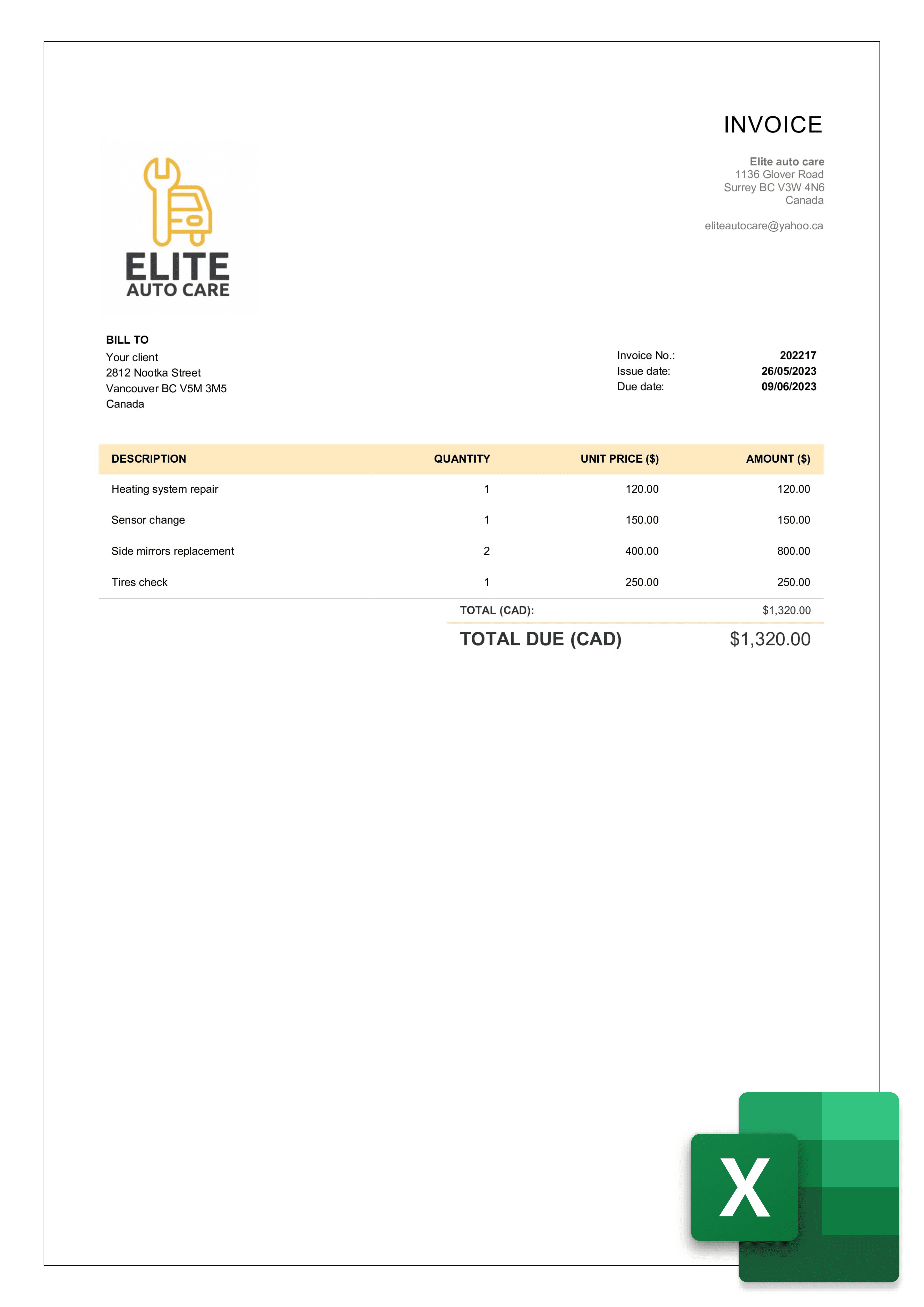 simple excel invoice layout for Canada