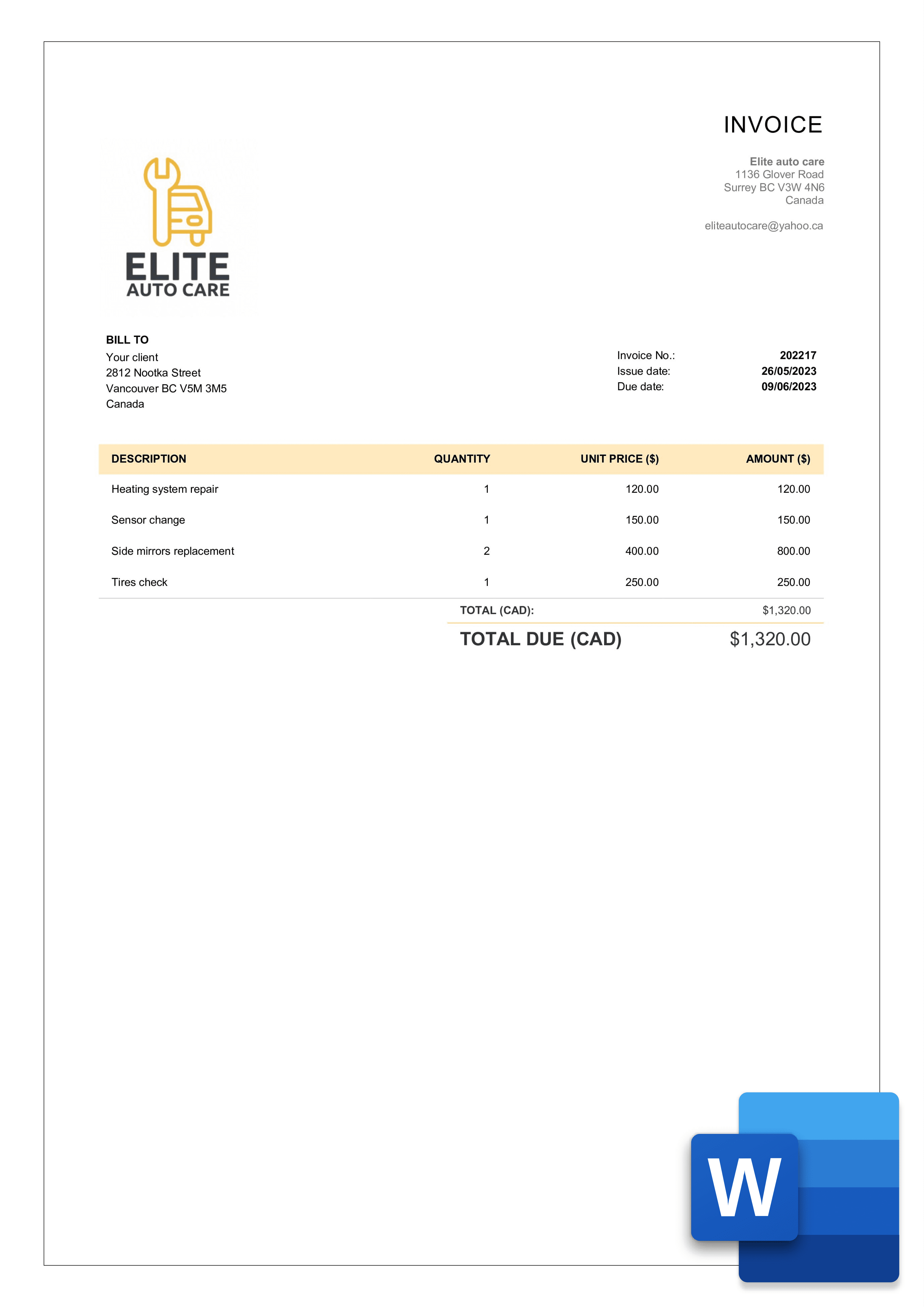 simple word invoice layout for Canada