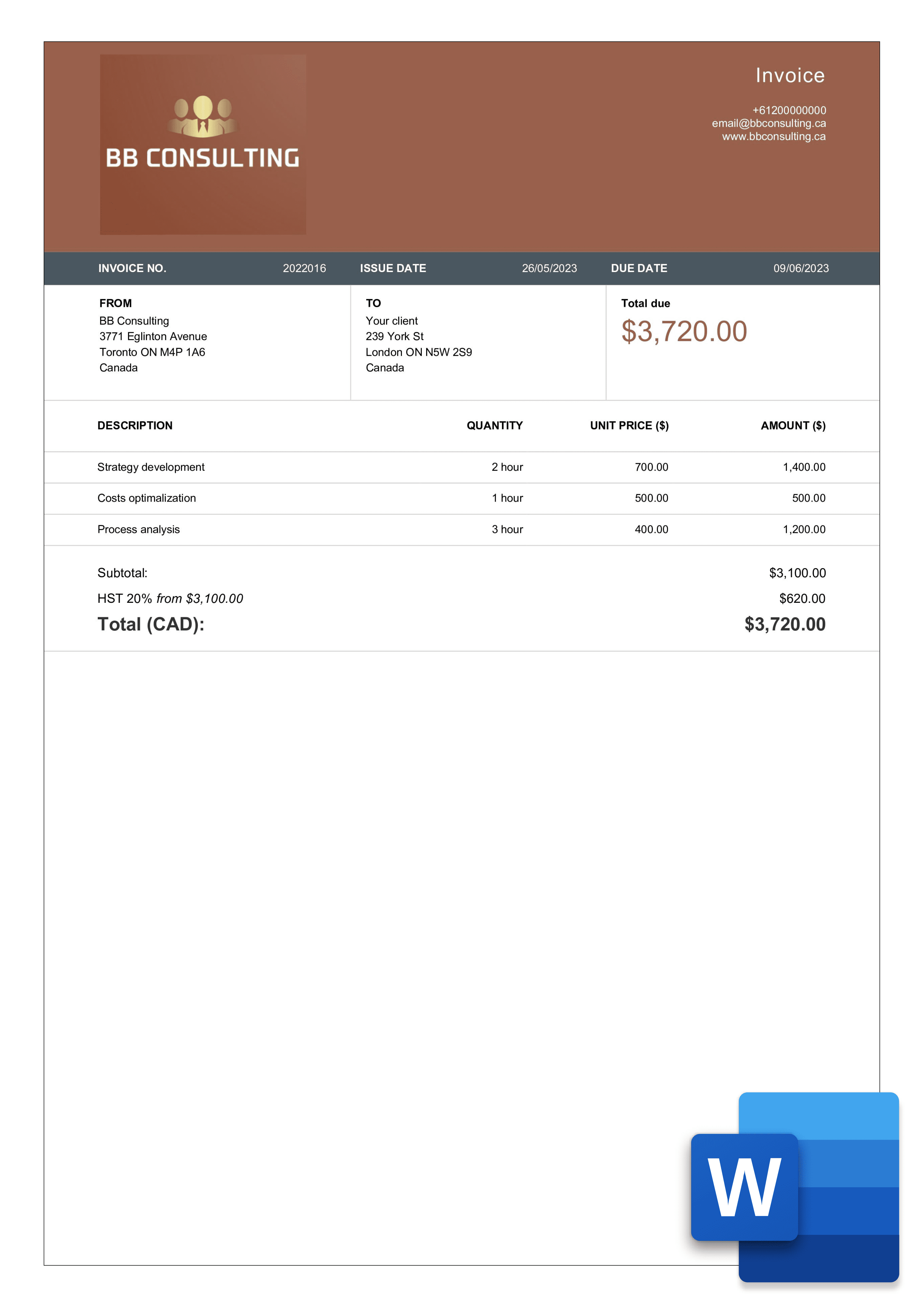 word invoice sample for canada