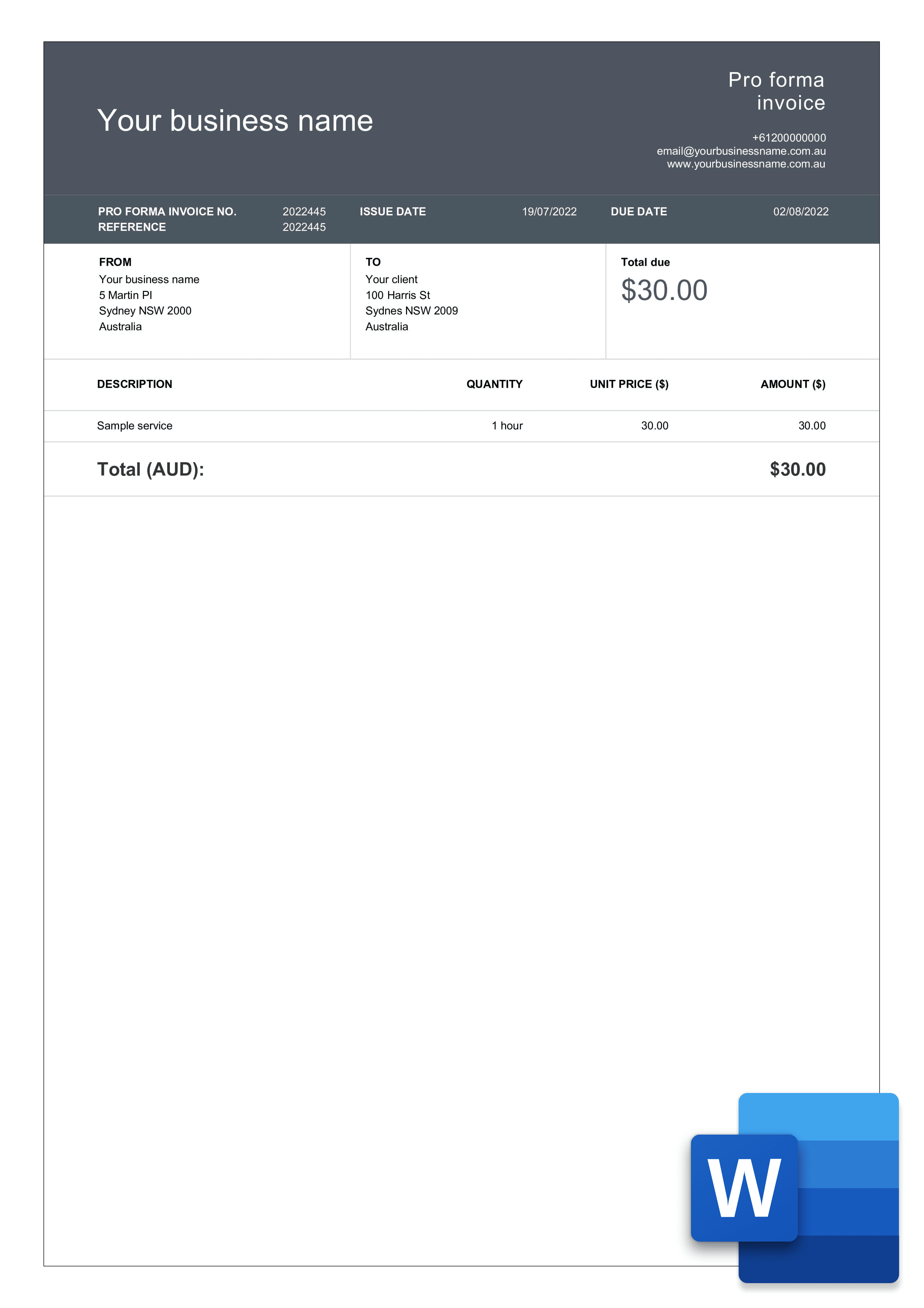 word proforma invoice template sample