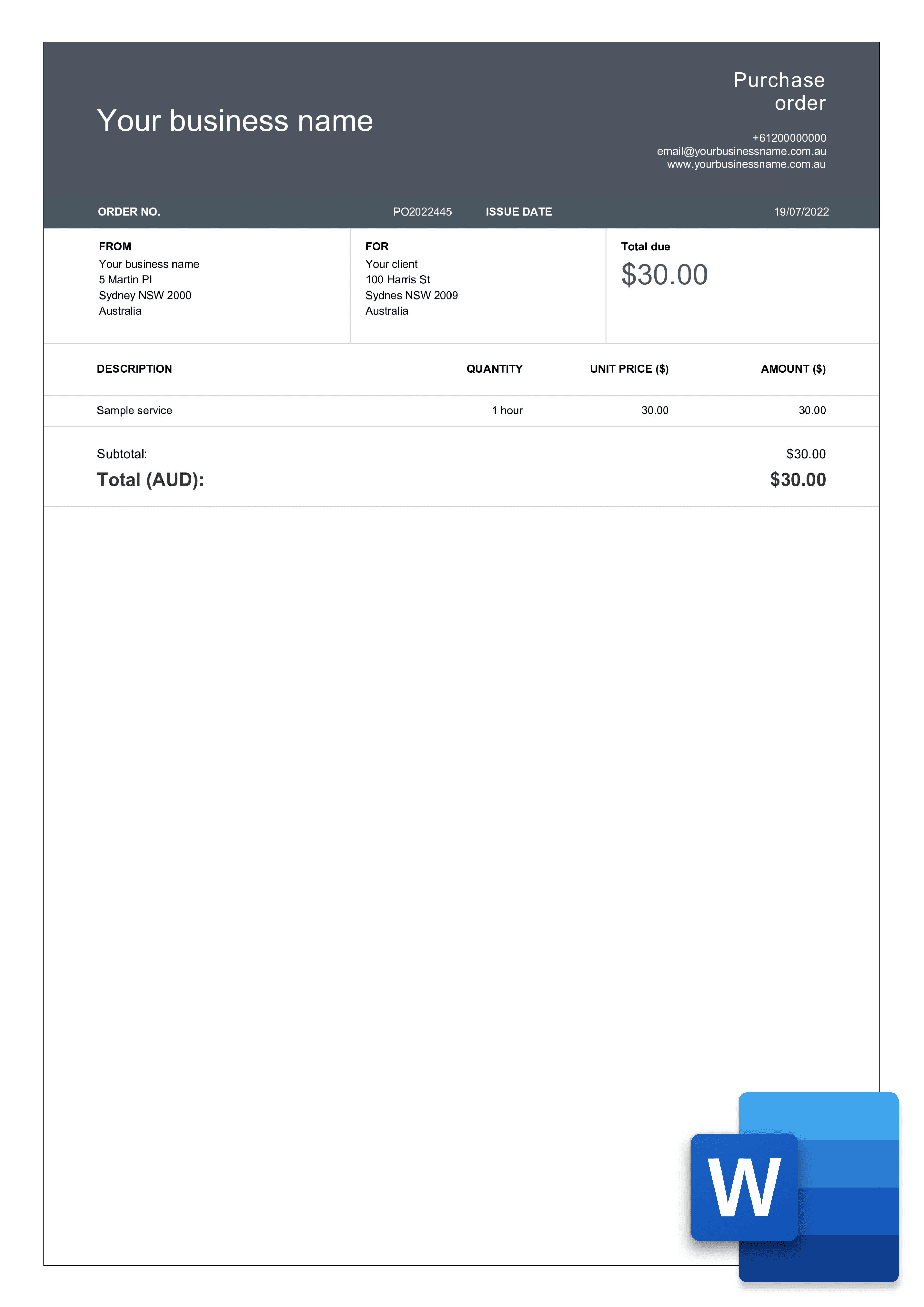 word purchase order template sample