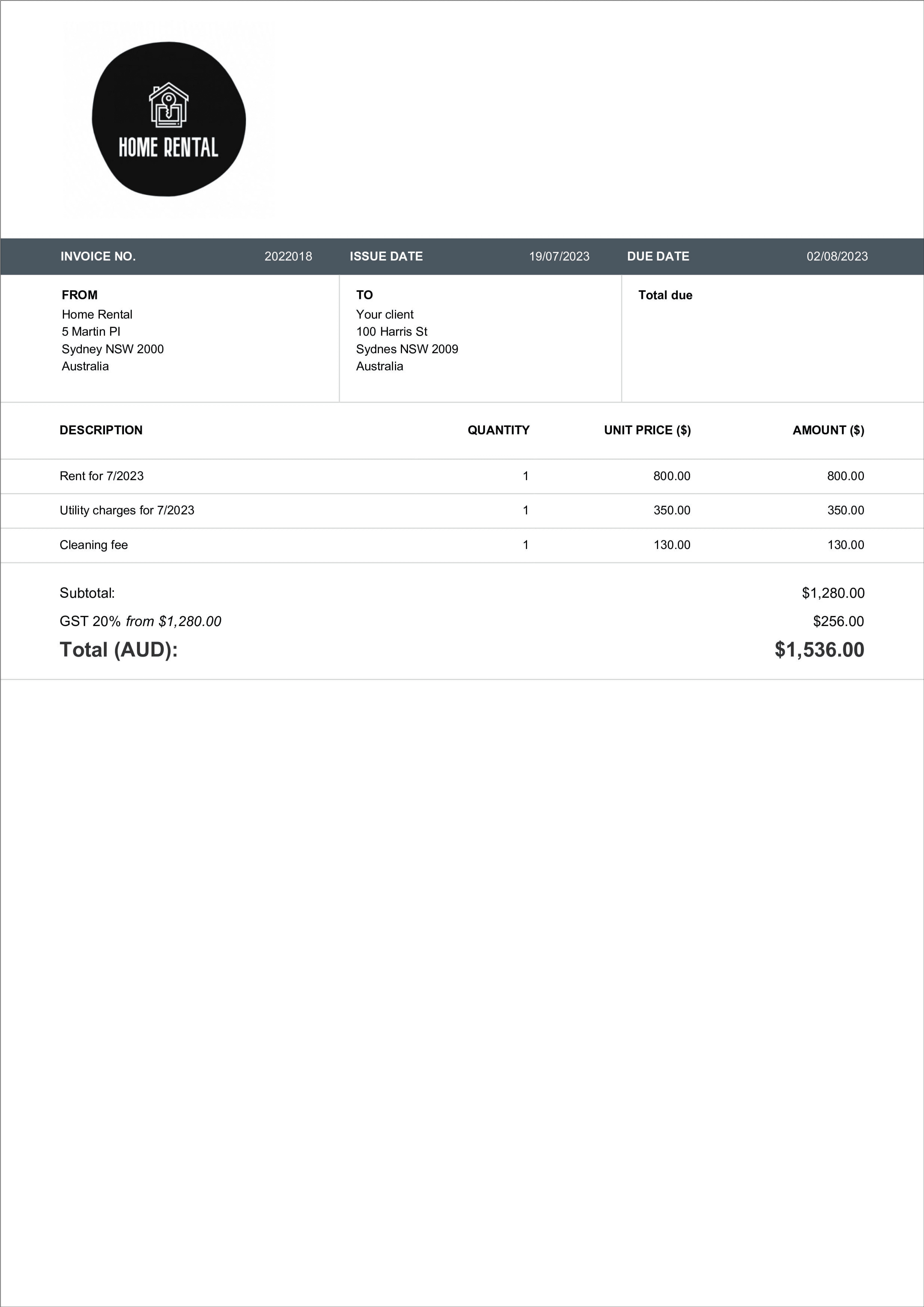 download rental invoice layout